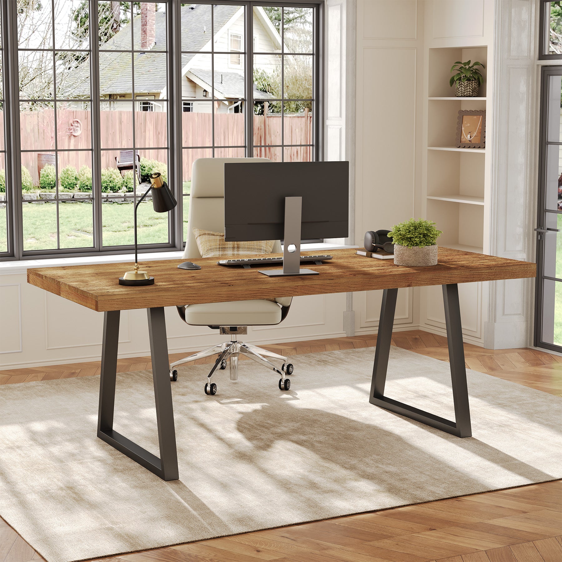 160 cm Industrieel Bureau, Massief Houten Blad met Robuuste Metalen Poten