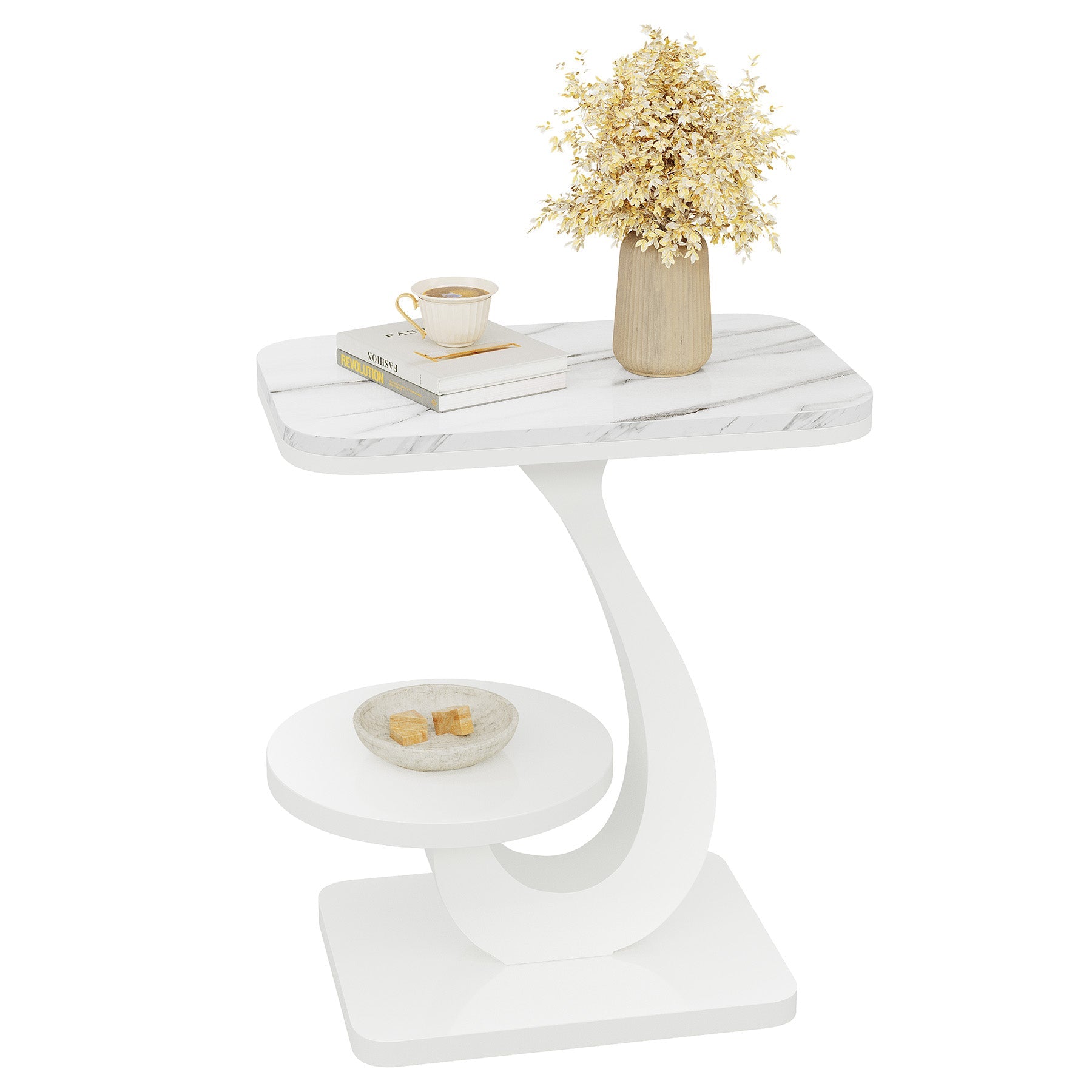 50 cm C-vormig Eindtafeltje met Marmerlook Blad, Modern 2-laags Bijzettafeltje voor Bank en Slaapkamer