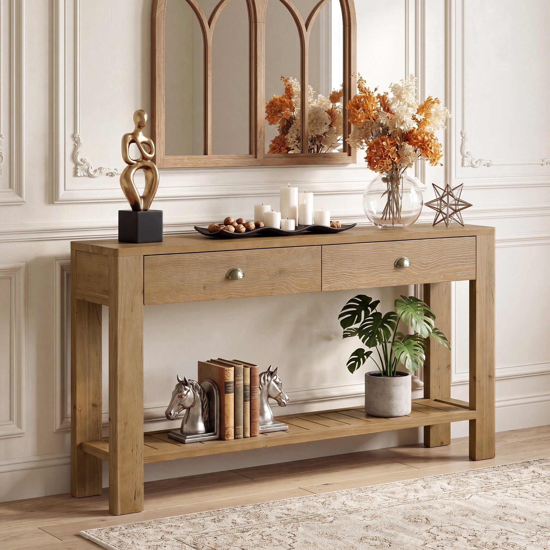 Tribesigns massief houten consoletafel 140 cm, haltafel met 2 lades en open opbergruimte