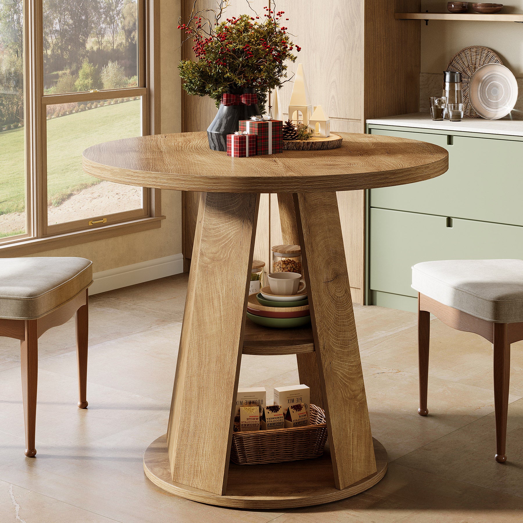 80 cm Ronde Eettafel voor 2-4 Personen, Kleine Boerenkeuken Tafel met 2-Tier Opberplank
