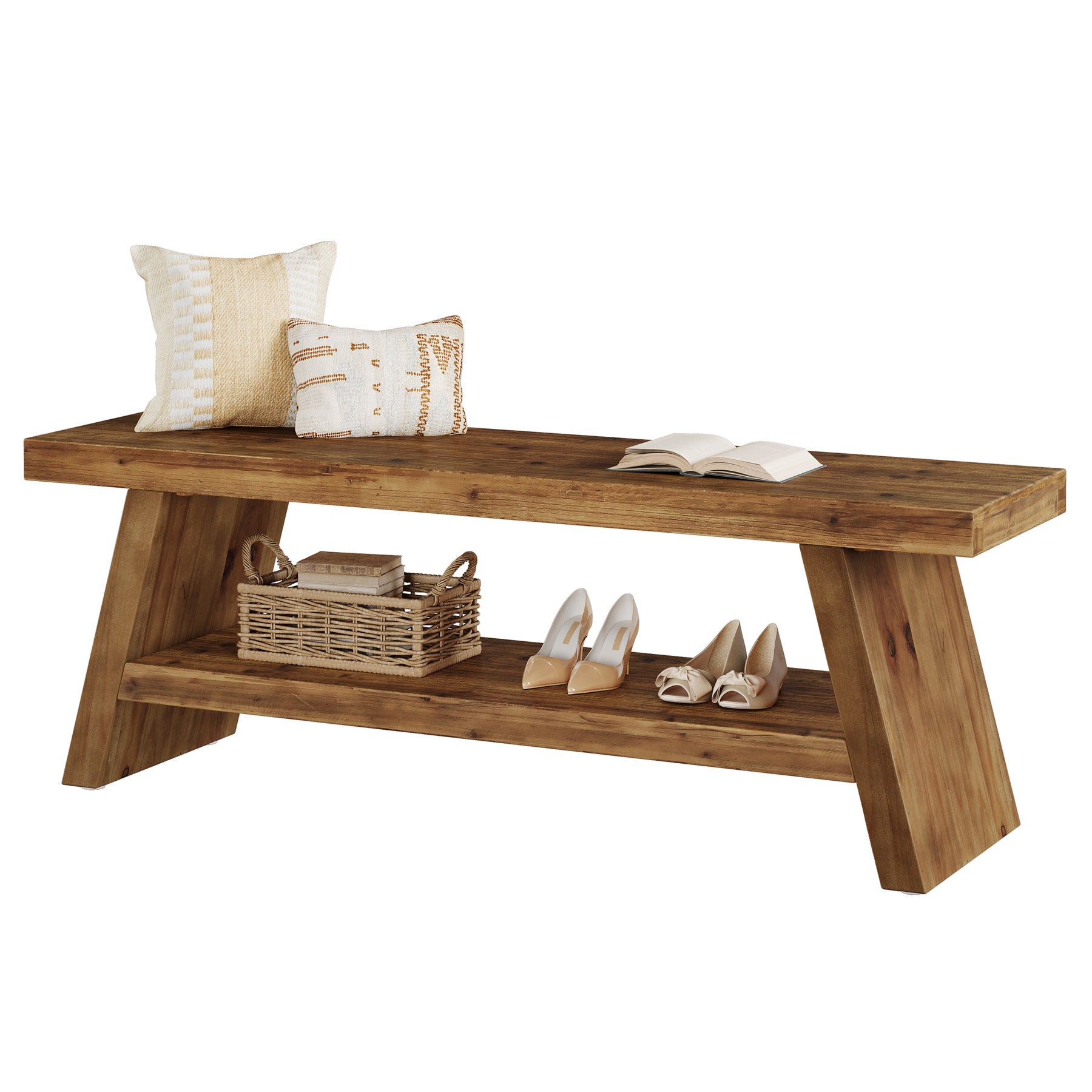 120 cm Massief Houten Schoenenbank in Rustiek Bruin
