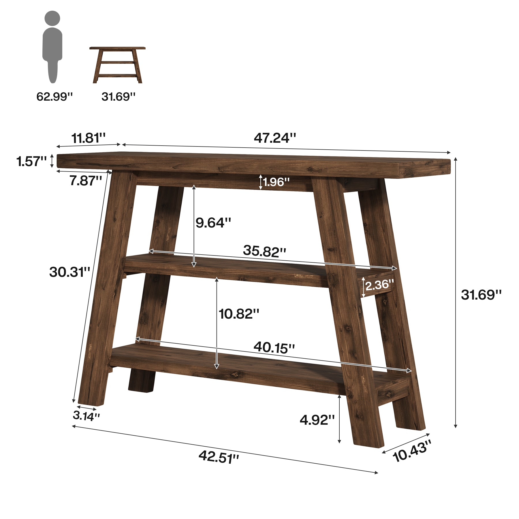 120 cm Tribesigns Massief Houten Consoletafel met 3 Niveaus, Smalle Boerderijstijl Entreetafel voor Hal en Woonkamer