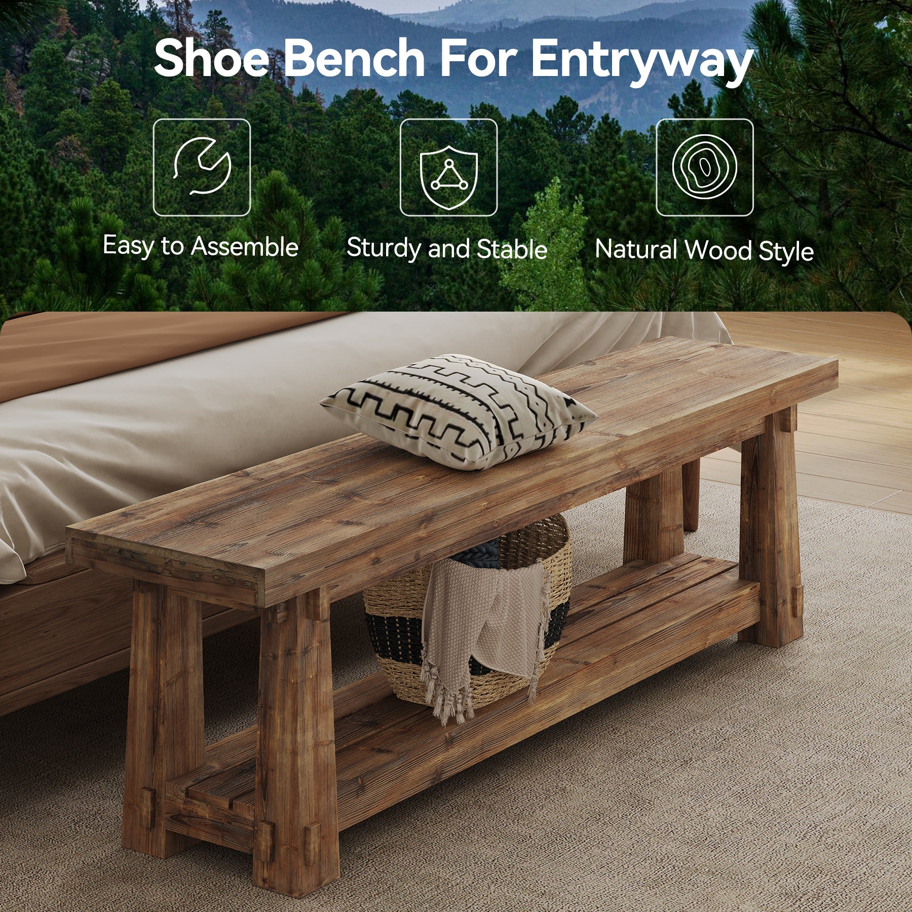 Tribesigns 140 cm massief houten halbank, schoenenbank met open plank voor hal
