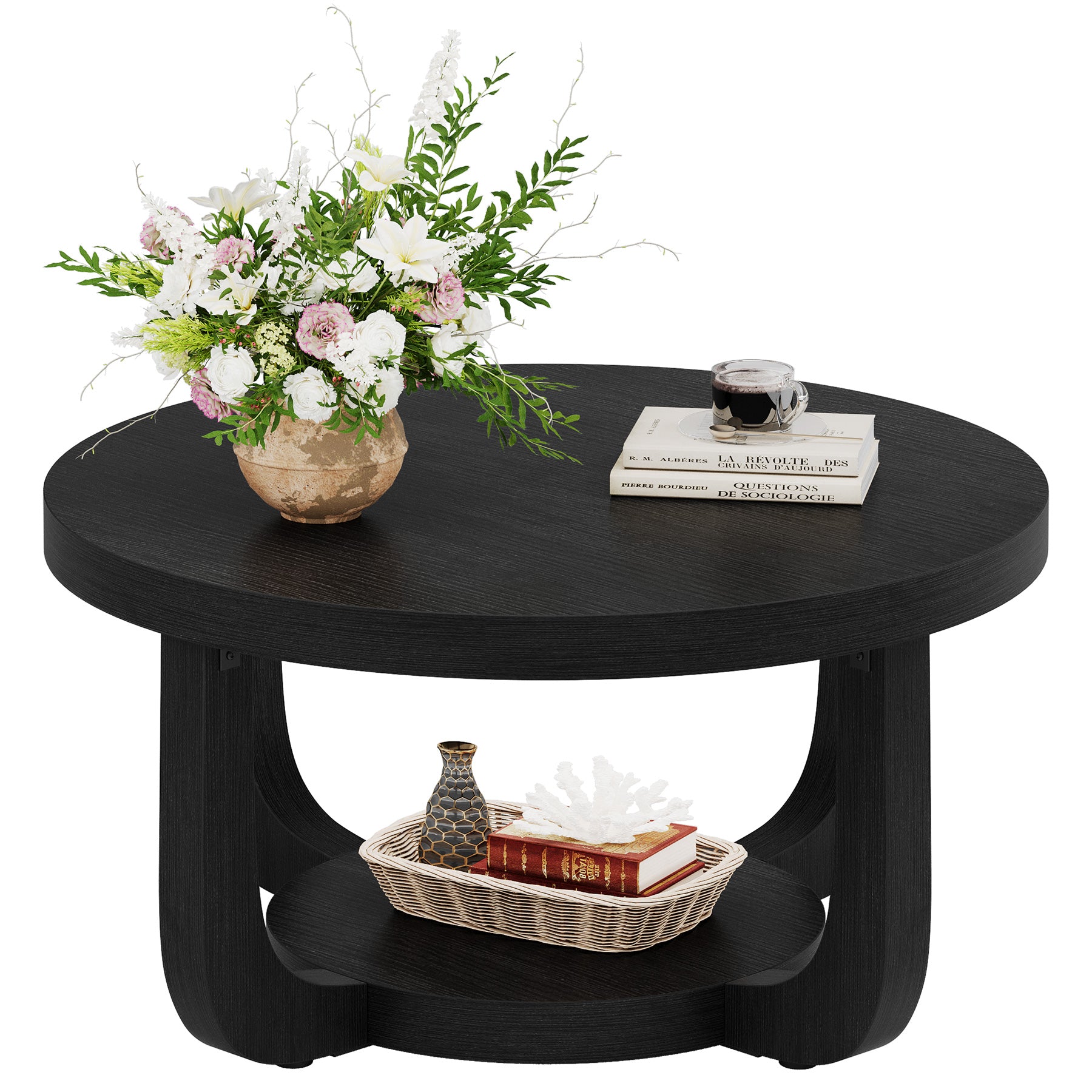 Ronde Salontafel van 80 cm met 2 Lagen en Opbergruimte, Moderne Houten Accenttafel in Rustiek Bruin voor Woonkamer