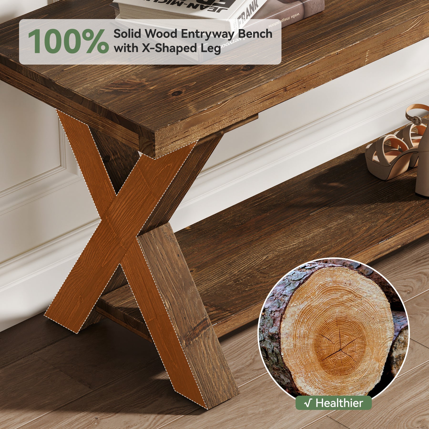 110 cm massief houten bank, landelijke halbank met opbergplank