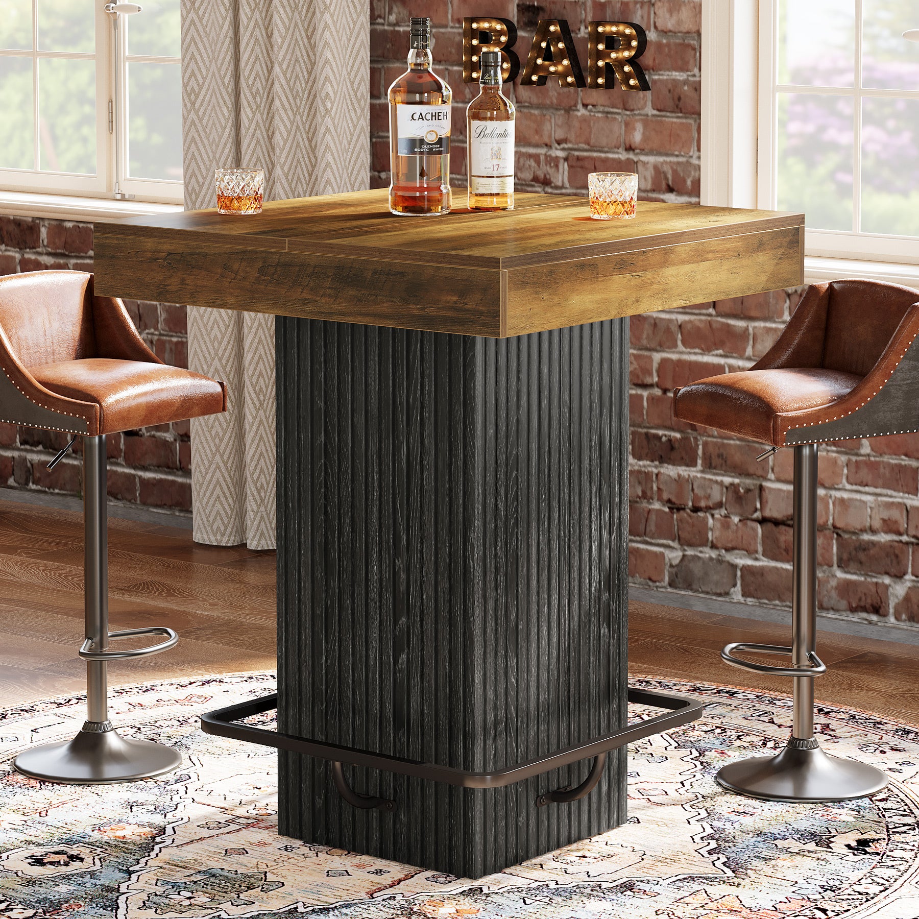 80 x 80 x 101 cm vierkante bartafel met metalen voetensteun, industriële pubtafel voor keuken eetkamer