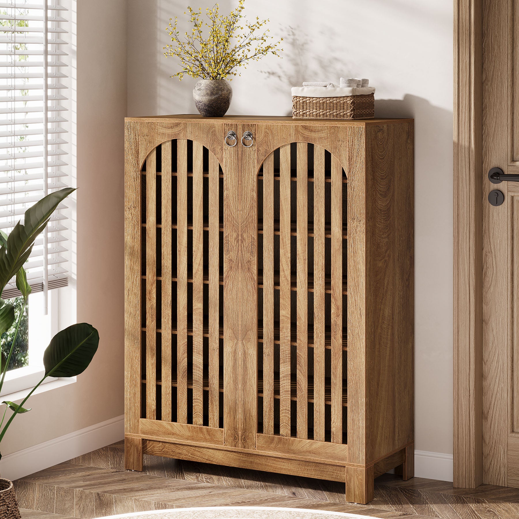 Schoenenkast met 6 Verdiepingen en Lamellendeuren, Houten Organizer voor Entree en Hal