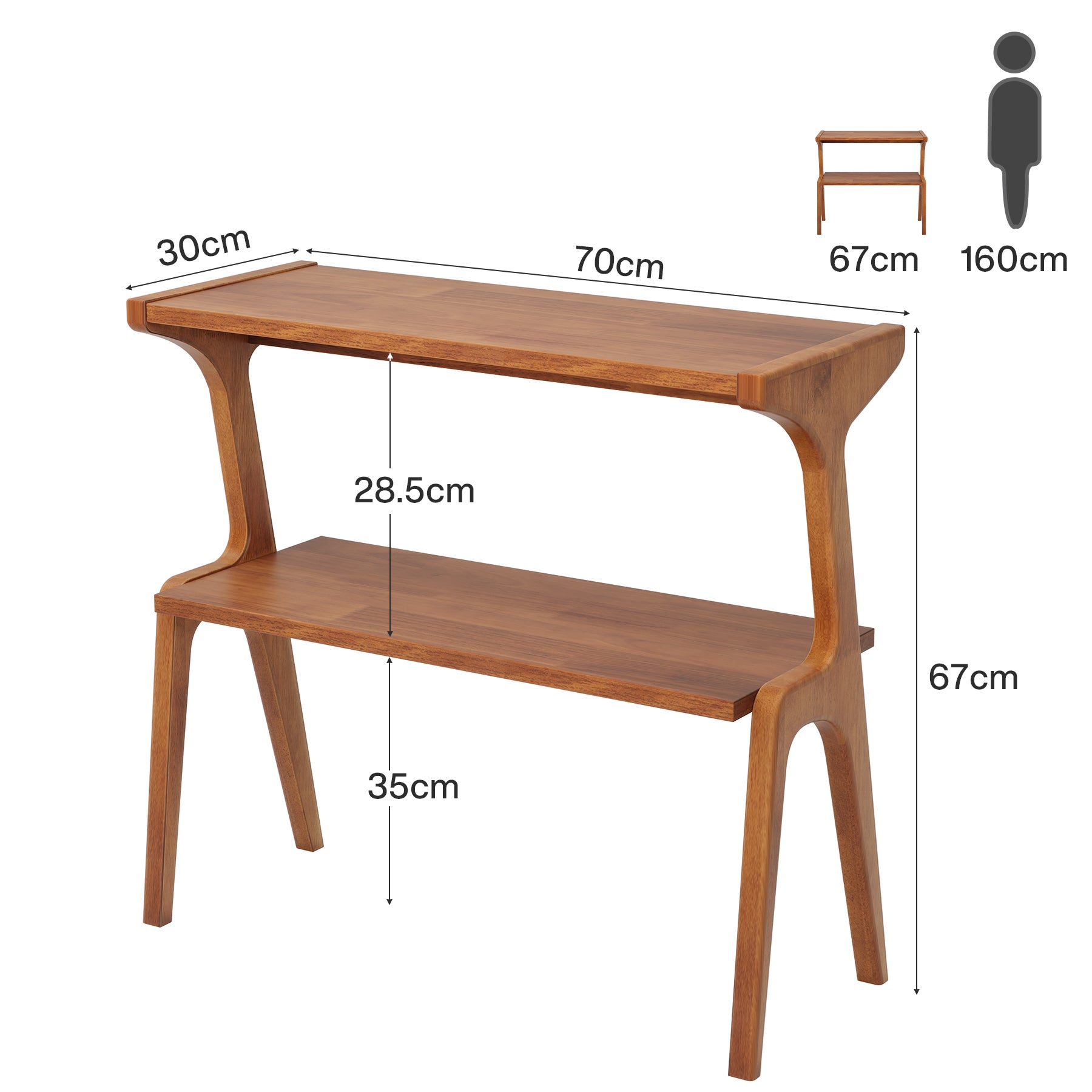 70 cm Tribesigns Bijzettafel van Massief Hout, Smalle 2-Laagse Tafel met Legplanken