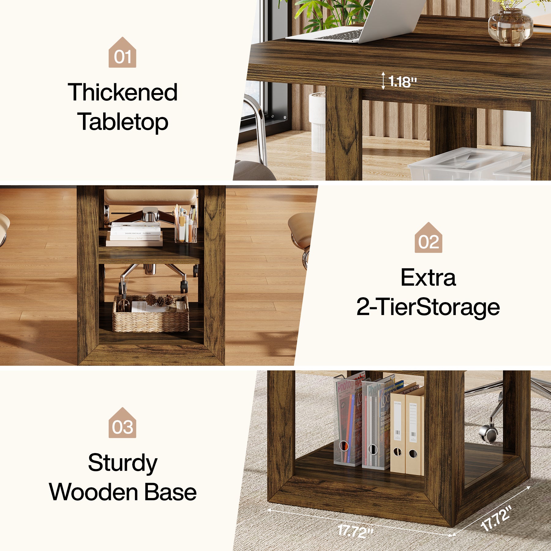 Tribesigns 80 cm Conferentietafel voor 4 Personen, Houten Vergadertafel met 2-Lagen Opbergruimte