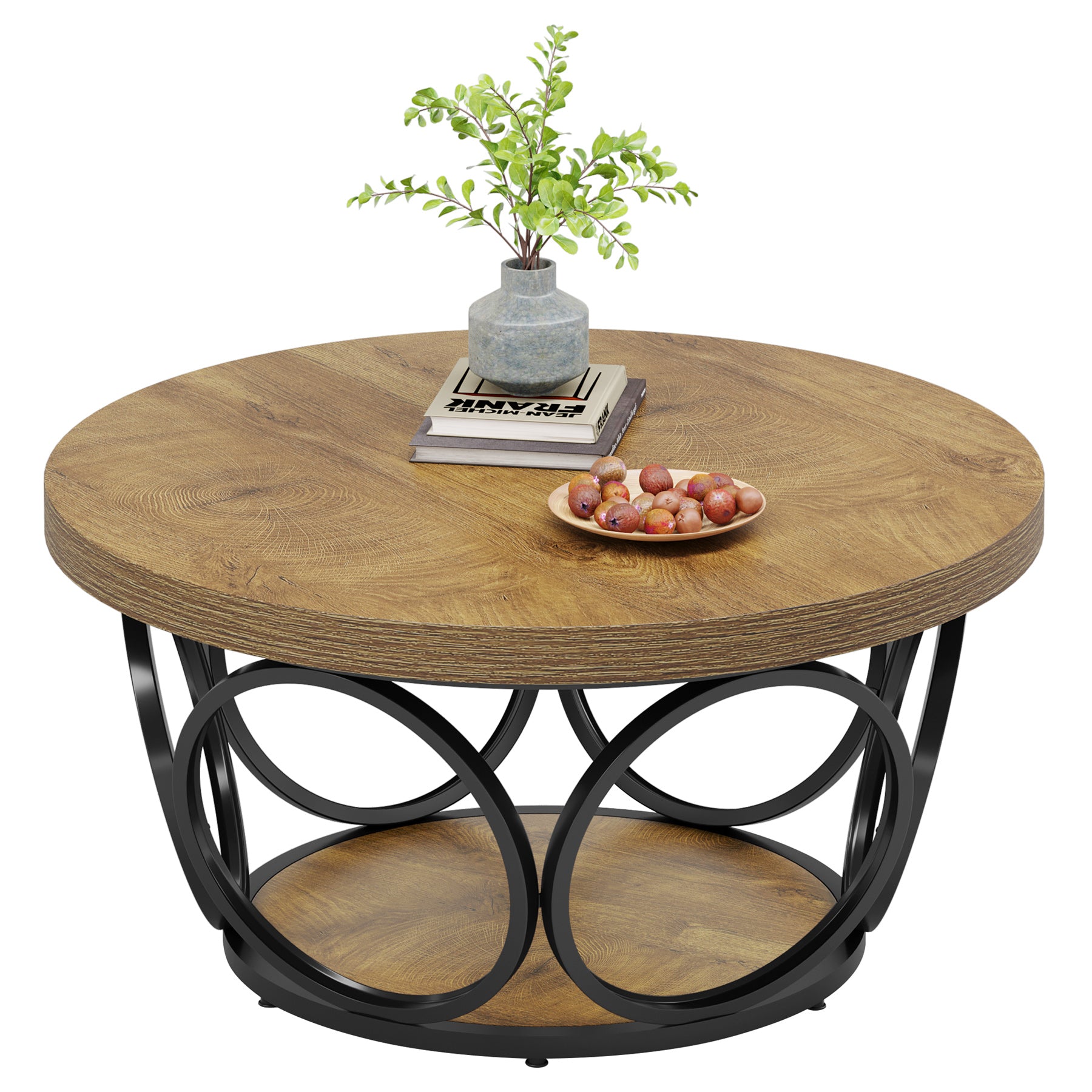 80 cm Ronde Salontafel, Landelijke Tafels met Dubbele Opbergplanken in Houtstructuur
