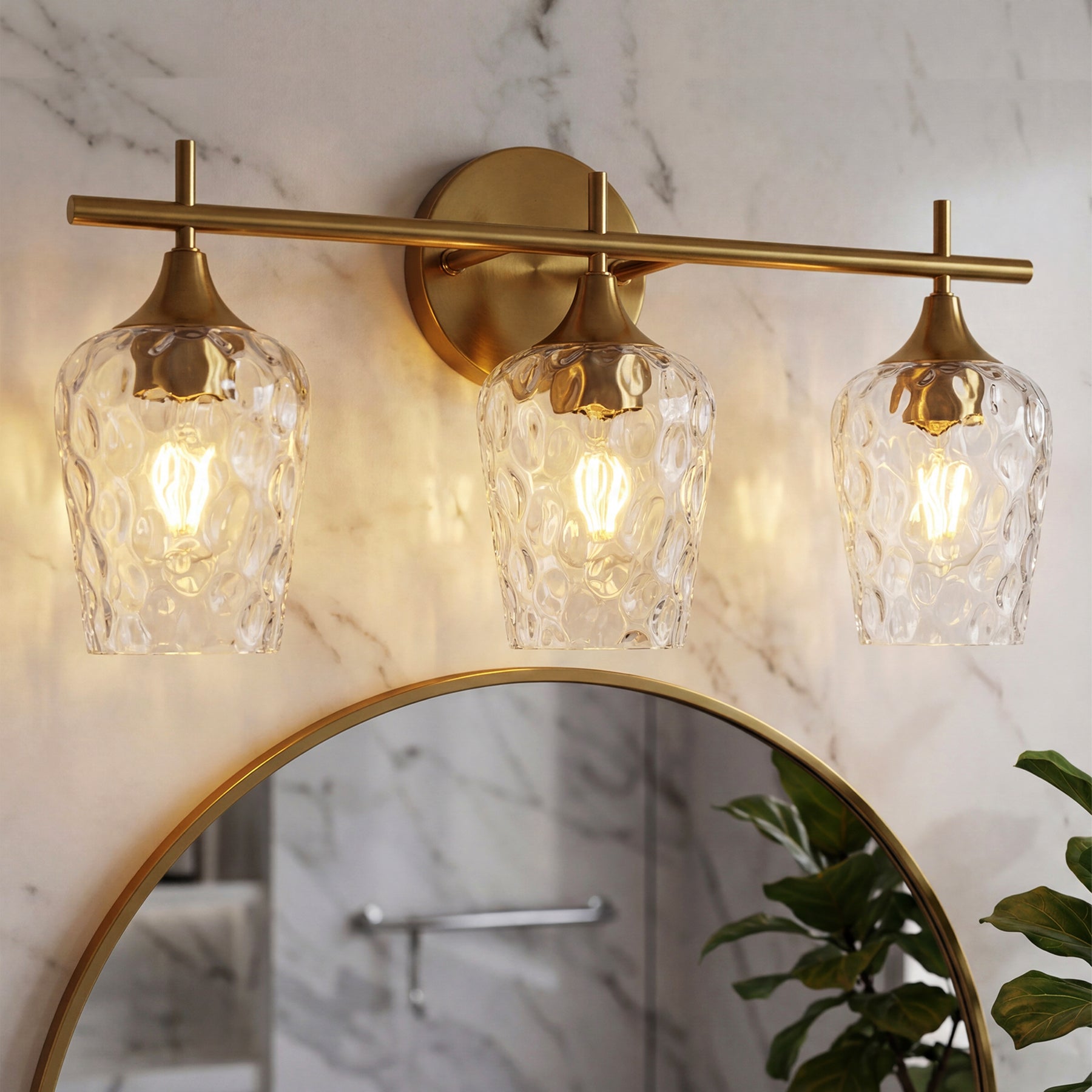 53 x 17 x 27 cm Tribesigns 3-lichts badkamerwandlamp met E27 fitting, gouden wandlamp met golfglazen kappen voor badkamerspiegel