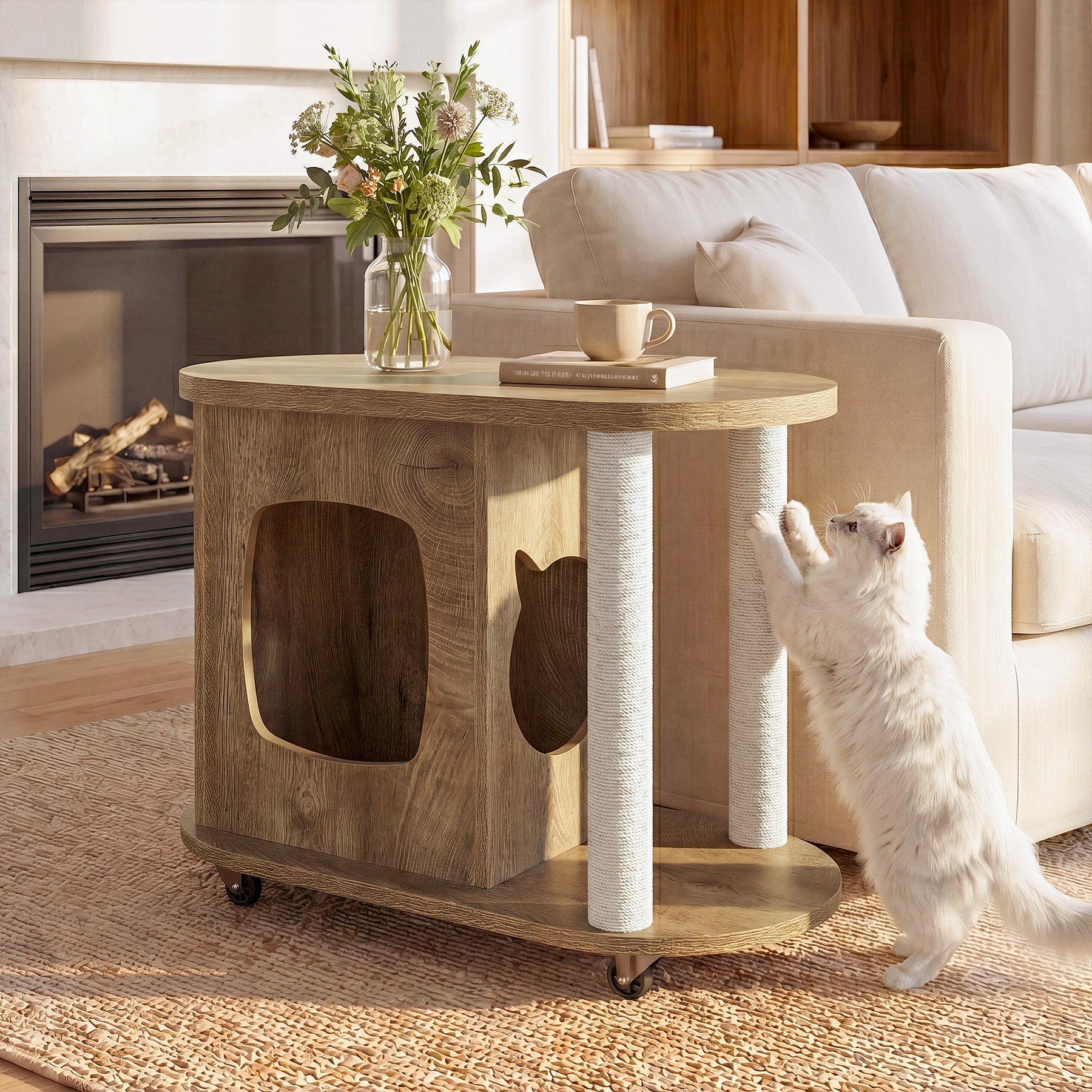 Tribesigns kattenhuis met krabpalen & bijzettafel, ovale salontafel op wielen met kattenhol