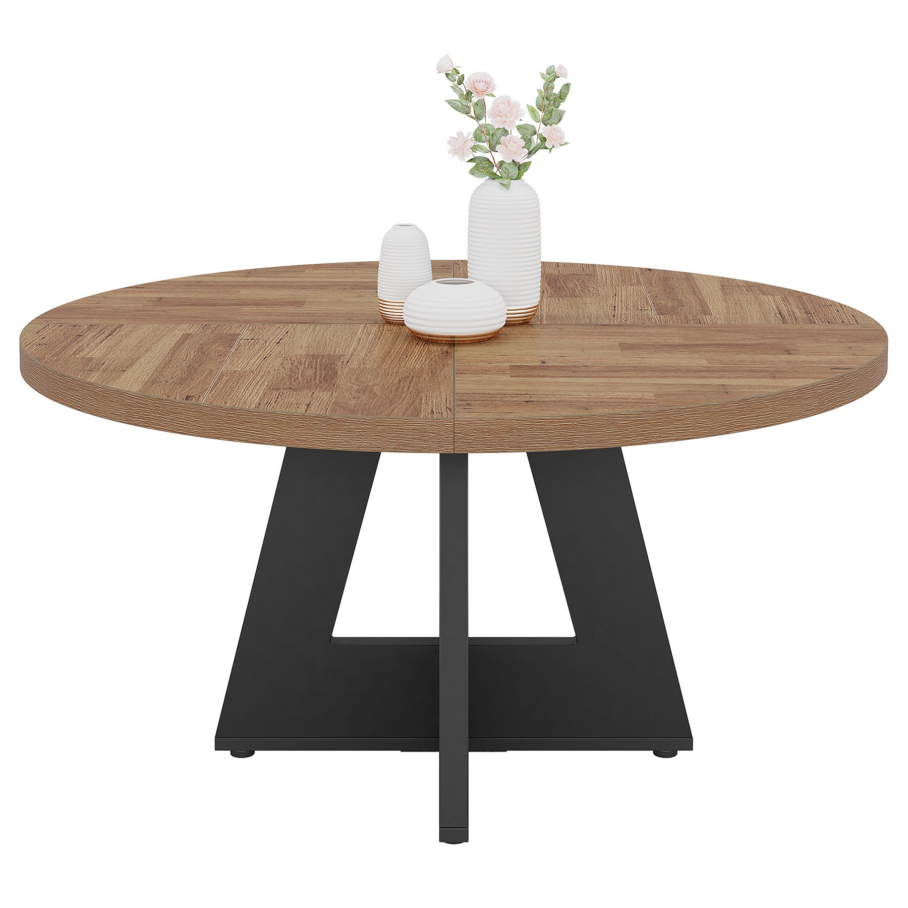 120 cm Ronde Boeren Eettafel, Bruin Houten Tafelblad voor 4 Personen in Keuken of Woonkamer