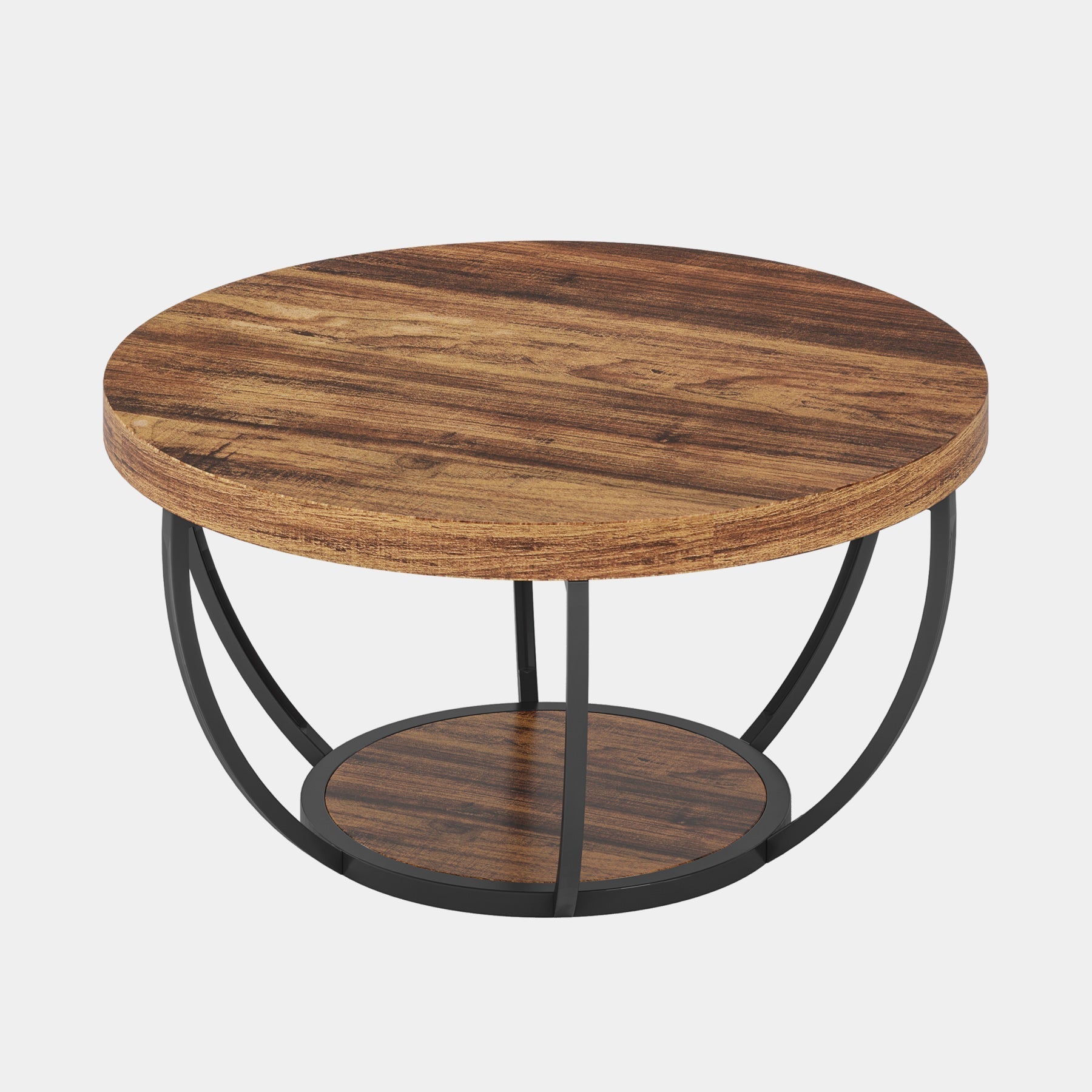 80,5 cm Ronde Industriële Salontafel, Tweelaags Middentafel in Rustiek Bruin en Zwart