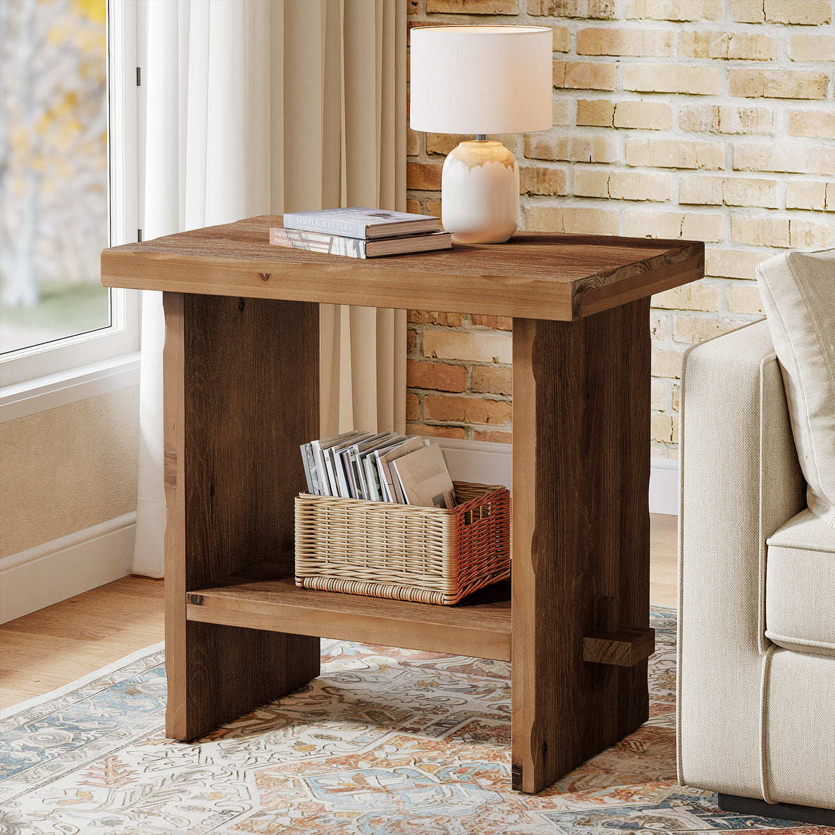 Tribesigns 60x40 cm massief houten bijzettafel met 2-laags opbergruimte, compact nachtkastje voor woonkamer