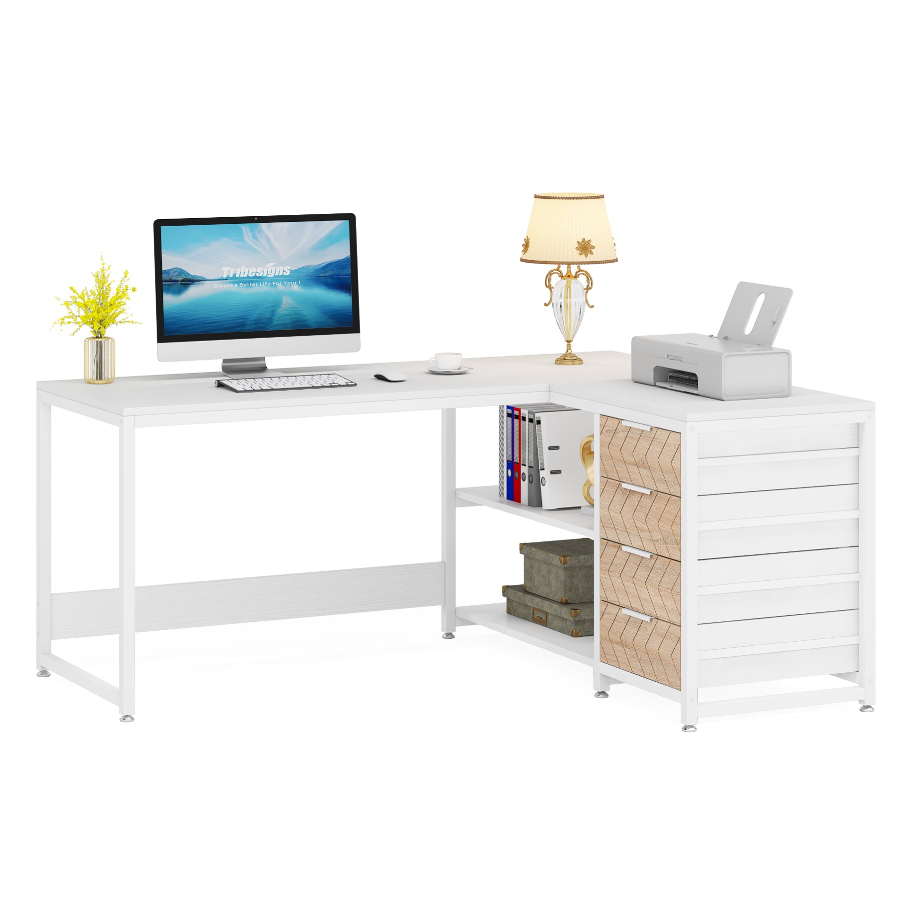 150 cm L-vormig Bureau, Met 4 Laden en 2 Planken voor Kantoor en Werkkamer