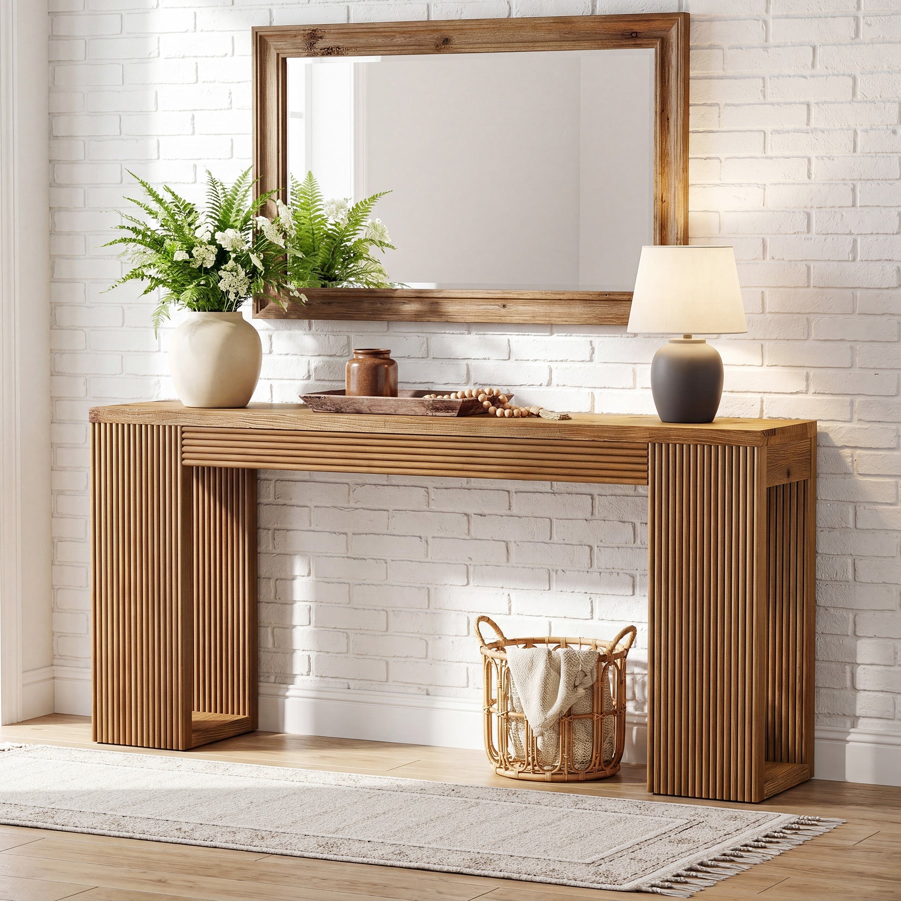 Tribesigns 160 cm Massief Houten Consoletafel, Smalle Haltafel met Geribbelde Poten