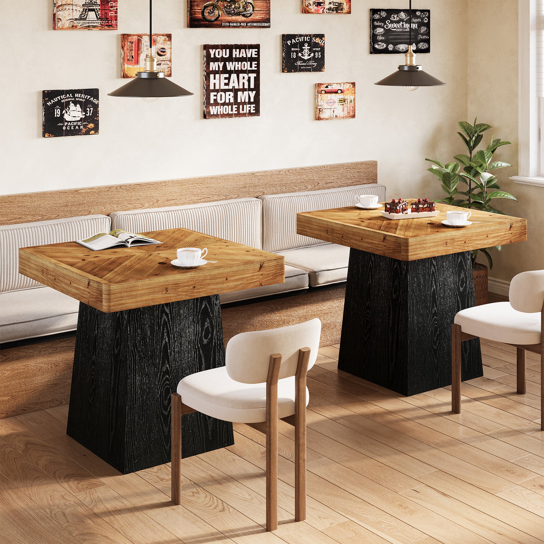 80 cm Vierkante Eettafel voor 2-4 Personen, Landelijke Houten Tafel met Parquet Blad voor Eetkamer en Kleine Ruimtes