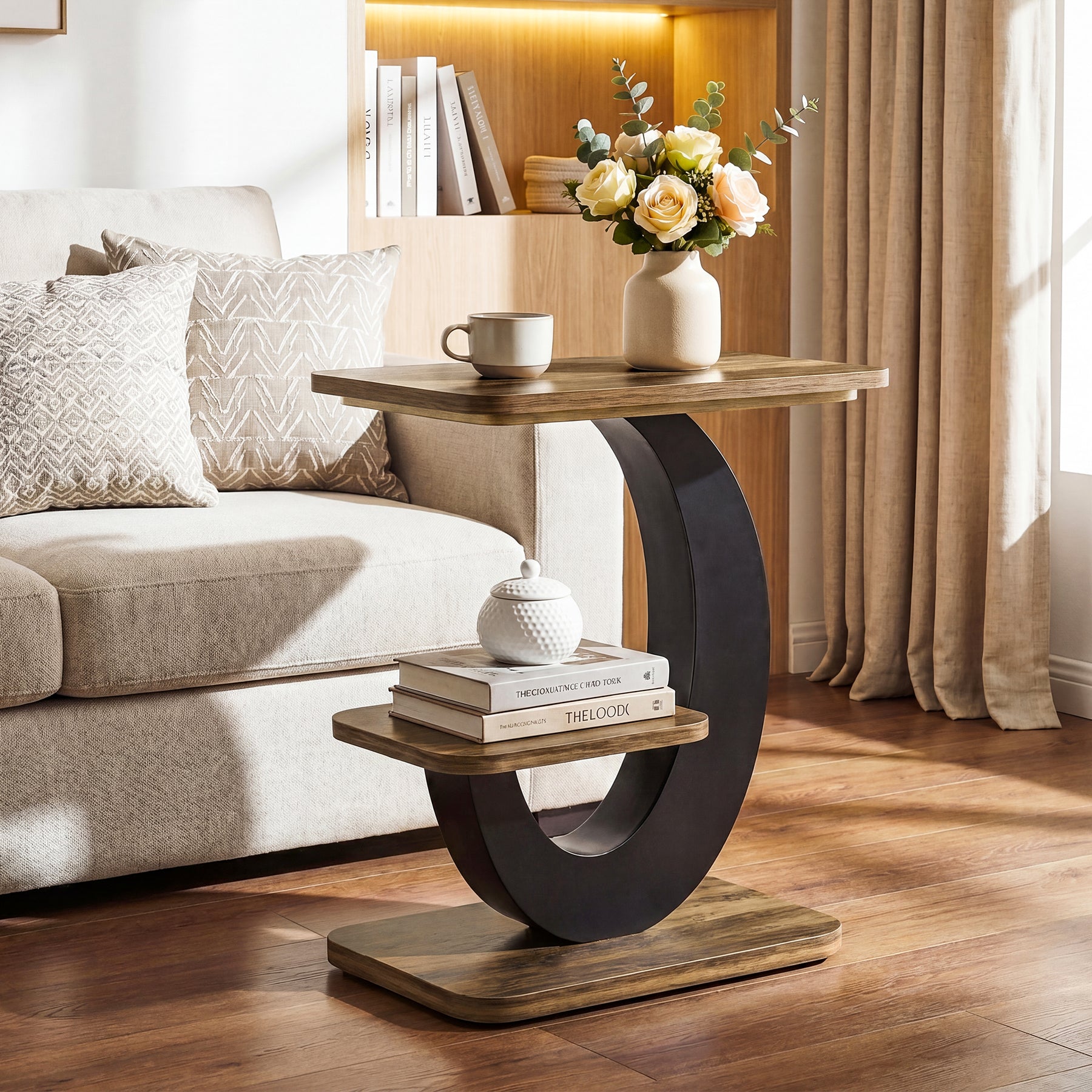 60 cm Smalle Bijzettafel met 2 Niveaus, Industriële Houten Sidetable voor Woonkamer en Slaapkamer