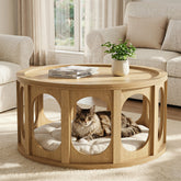 Tribesigns ronde salontafel van 80 cm met kattenhuisje, tweelaagse woonkamertafel met opbergruimte 3
