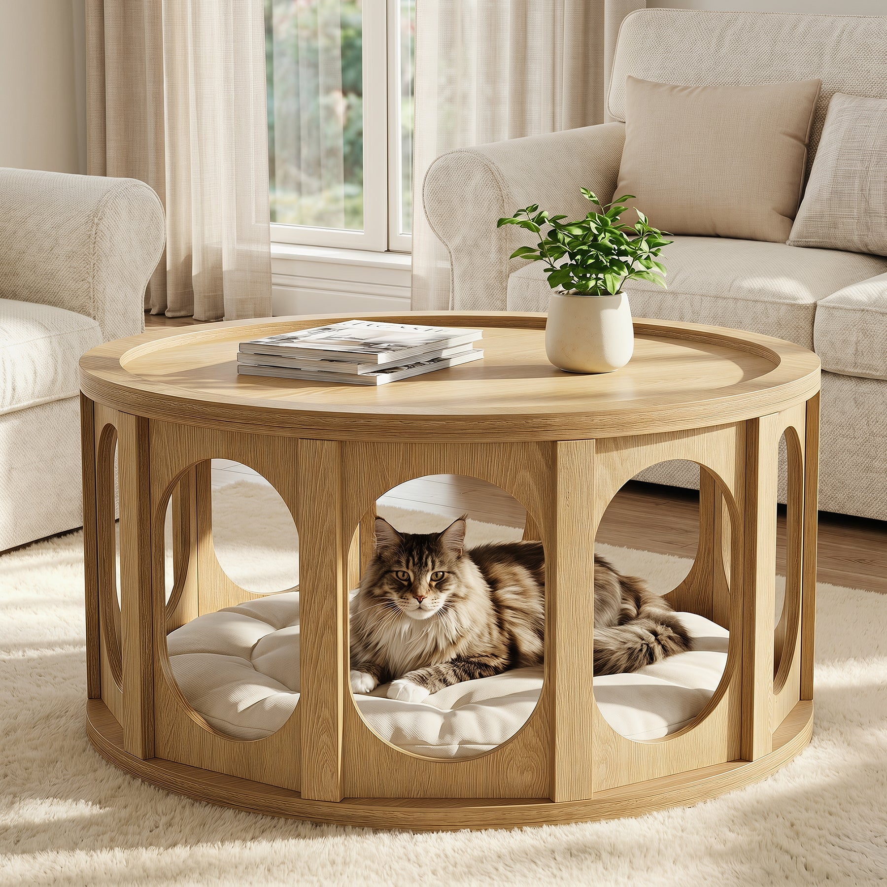 Tribesigns ronde salontafel van 80 cm met kattenhuisje, tweelaagse woonkamertafel met opbergruimte