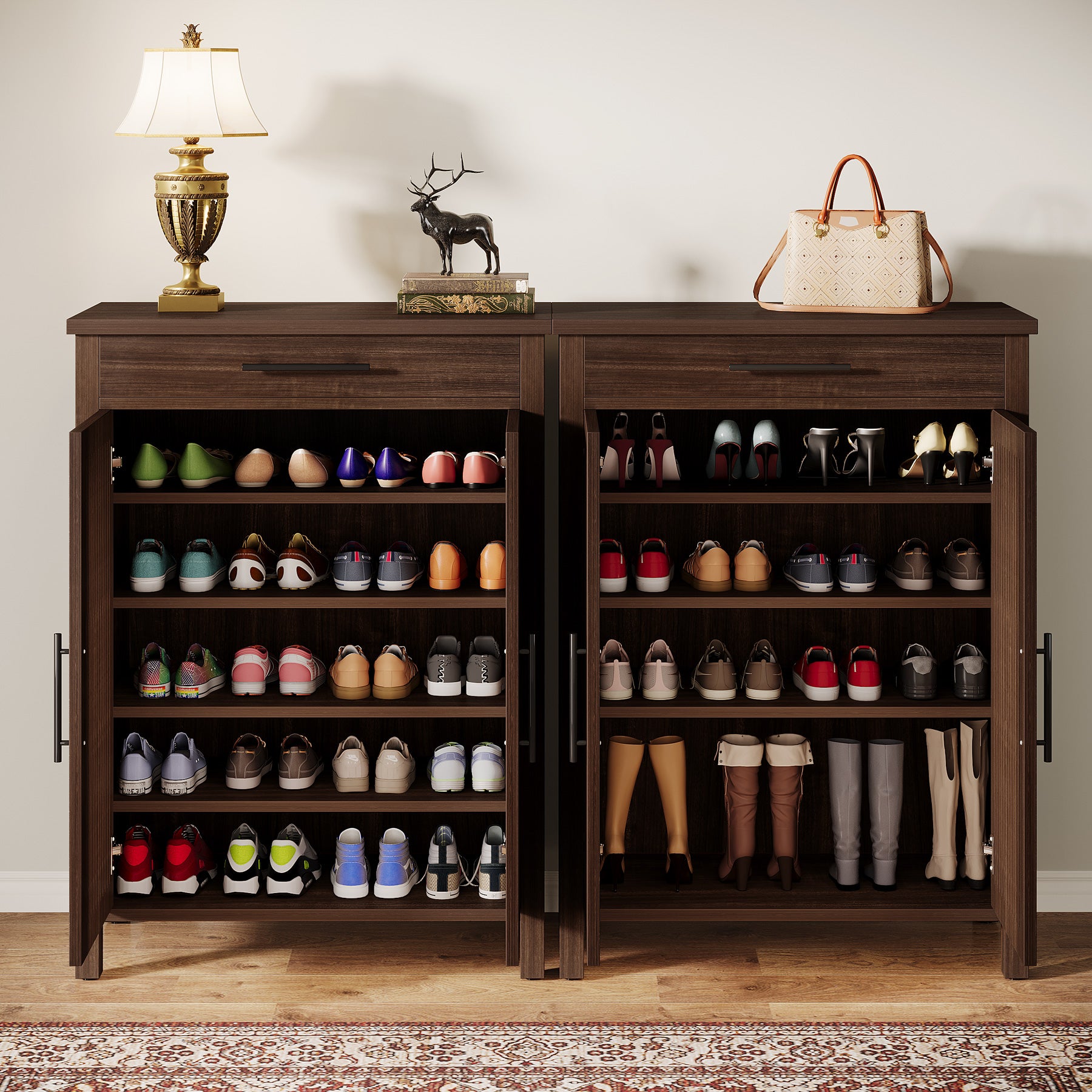 Smal Schoenenmeubel 80 cm, Verstelbare Kast Met 5 Planken En Lamellendeuren