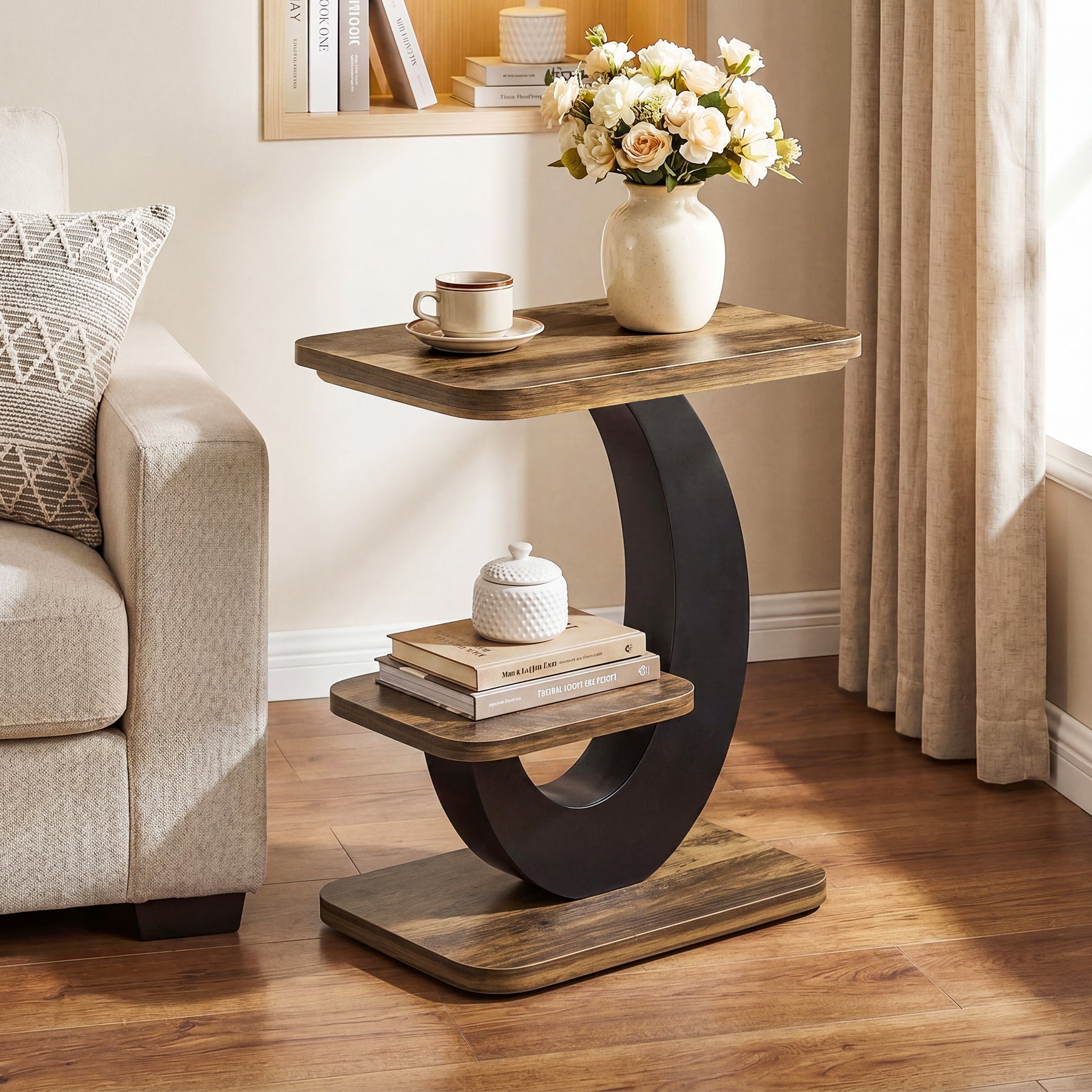 60 cm Smalle Bijzettafel met 2 Niveaus, Industriële Houten Sidetable voor Woonkamer en Slaapkamer
