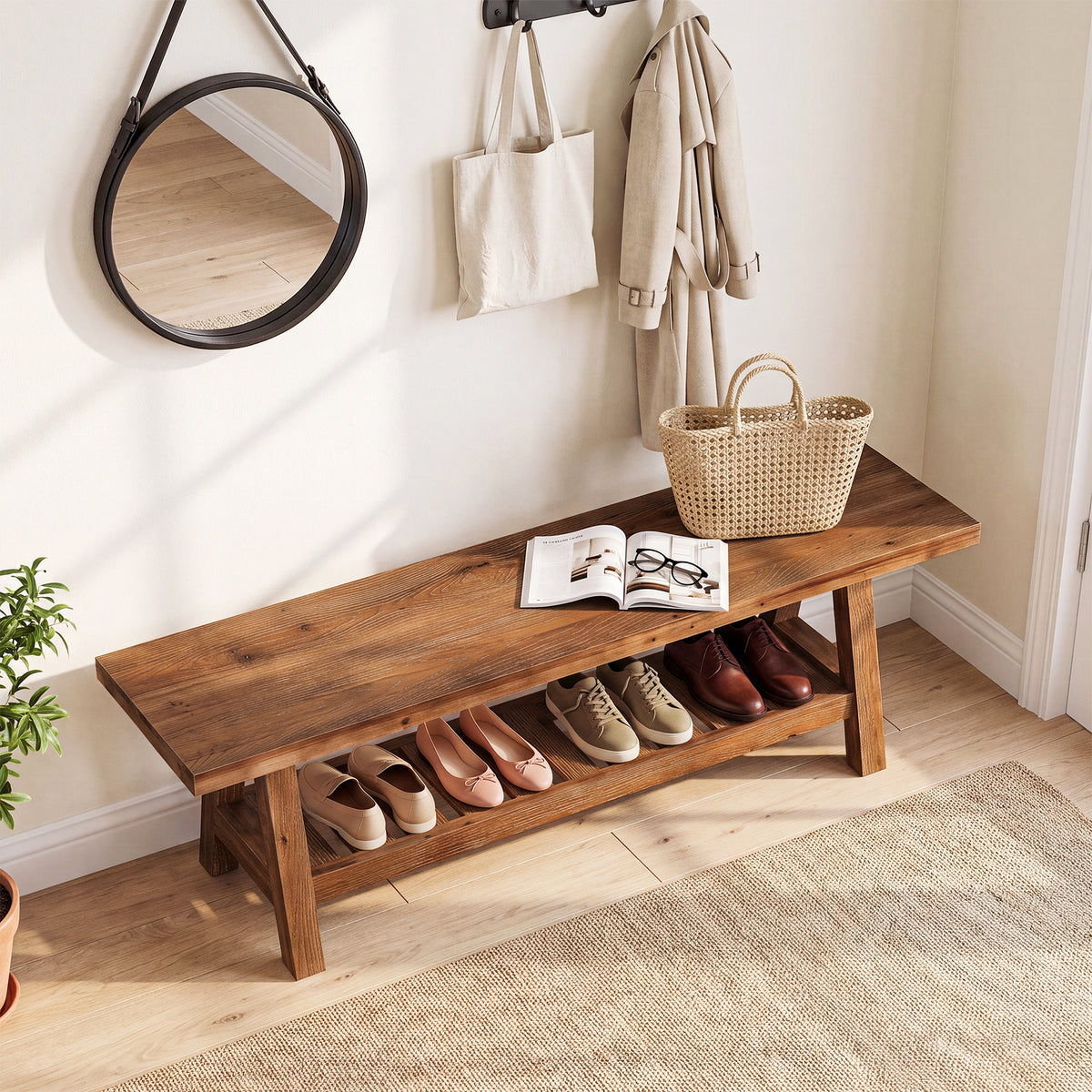 140 cm schoenenbank van massief hout met open opbergrek, landelijke entreebank voor hal en slaapkamer