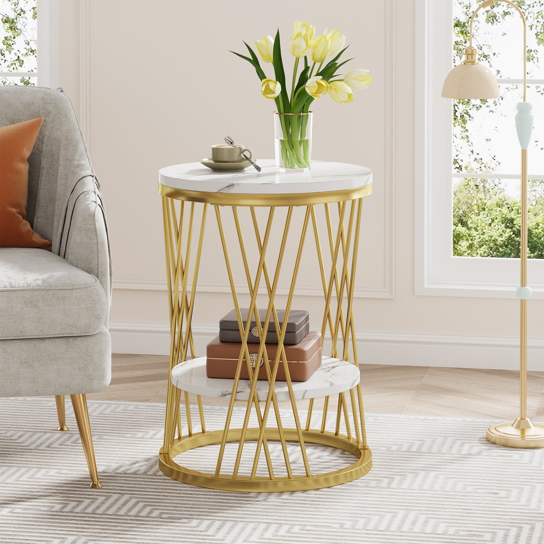 Stijlvolle Ronde Bijzettafel, Witte Met Gouden Accenten en Handige Opbergplanken