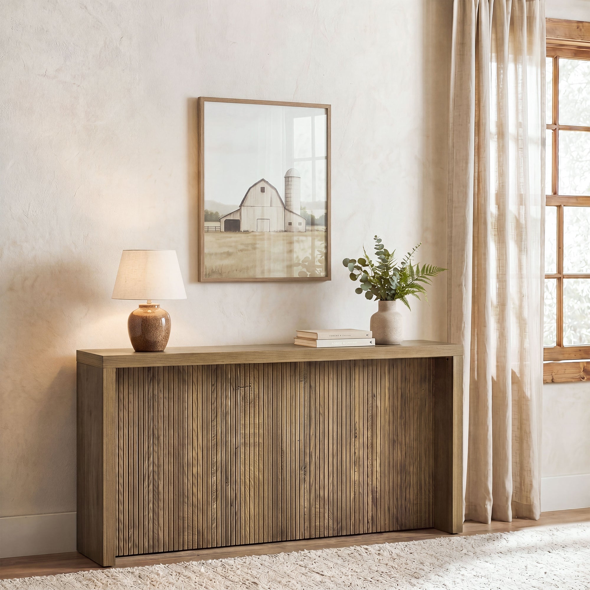 160 cm landelijke consoletafel, houten entree-tafel met geribd design voor in de hal
