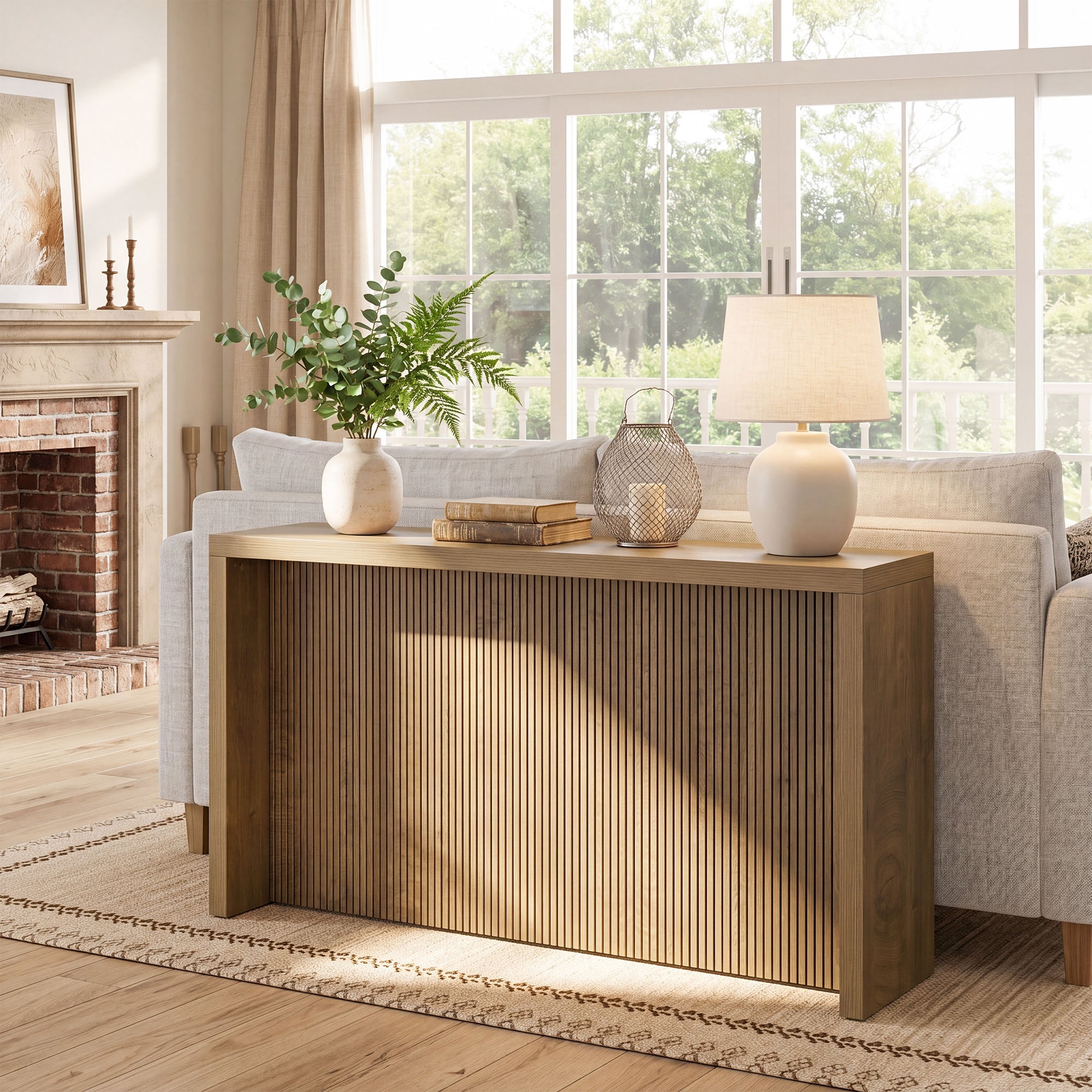 160 cm landelijke consoletafel, houten entree-tafel met geribd design voor in de hal