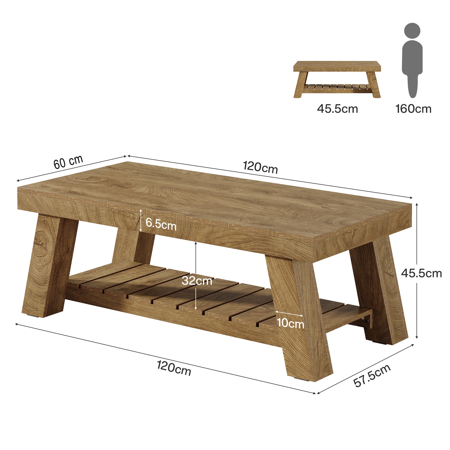 120 cm Rechthoekige Salontafel Boerderij Stijl, Met 2 Opbergplanken voor Woonkamer en Appartement