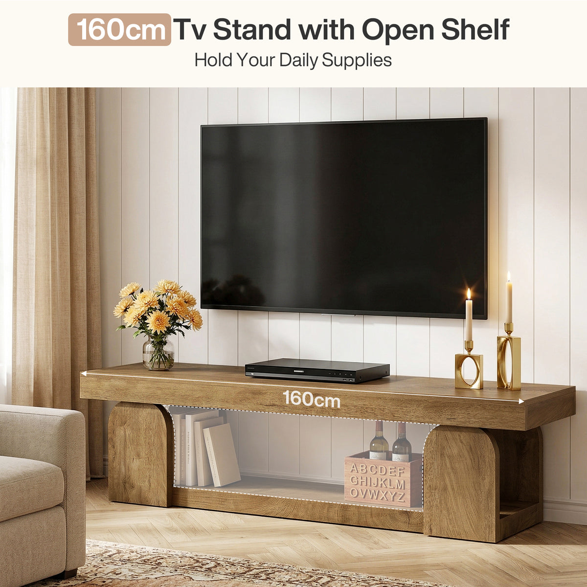 160 cm Tribesigns tv-meubel voor tv's tot 165 cm met open opbergplank, landelijk tv-dressoir in naturel houtlook voor woonkamer