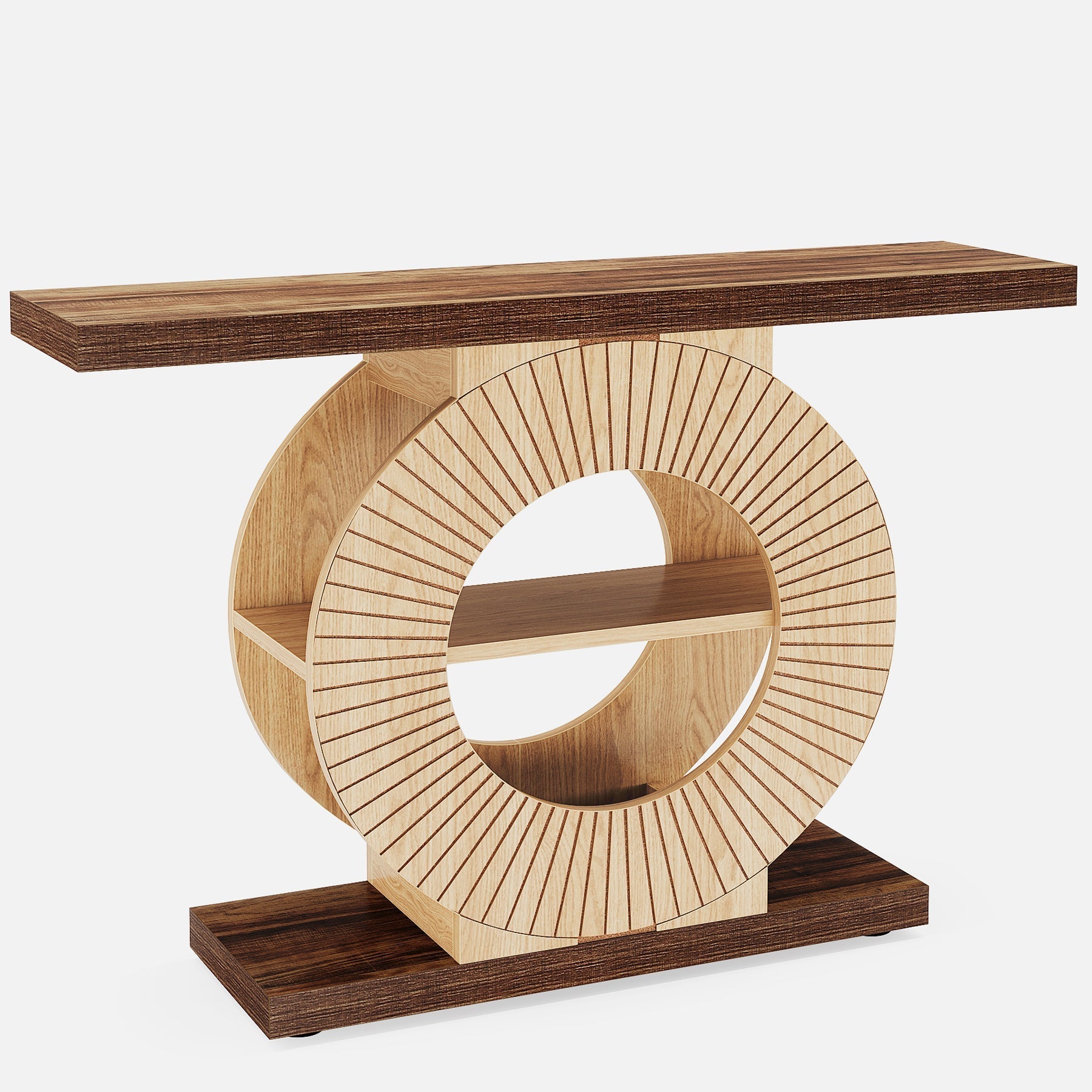 100 cm Houten Console met Opbergplank, Ronde Basis Accenttafel voor Entree en Woonkamer