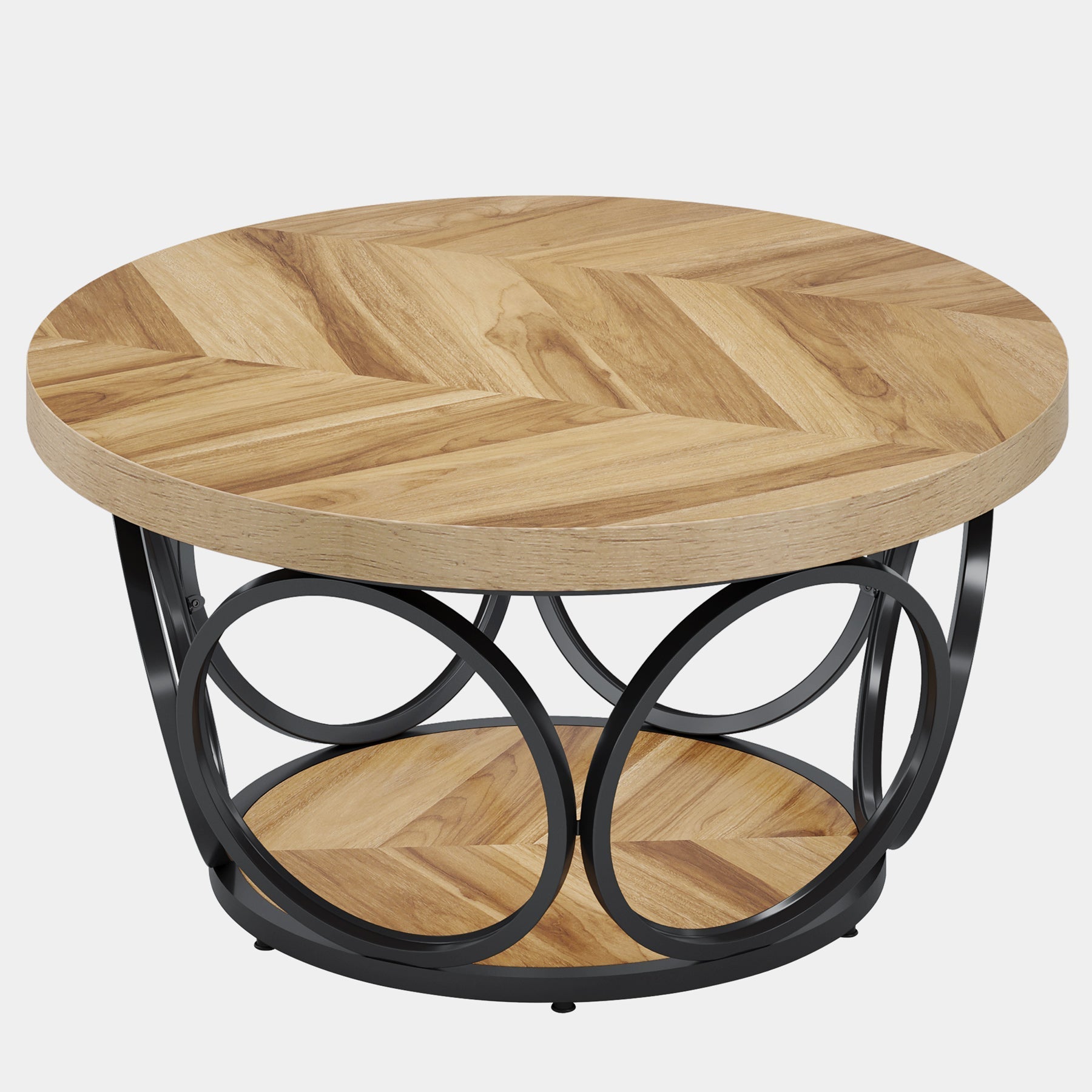 80 cm Ronde Salontafel, Landelijke Tafels met Dubbele Opbergplanken in Houtstructuur