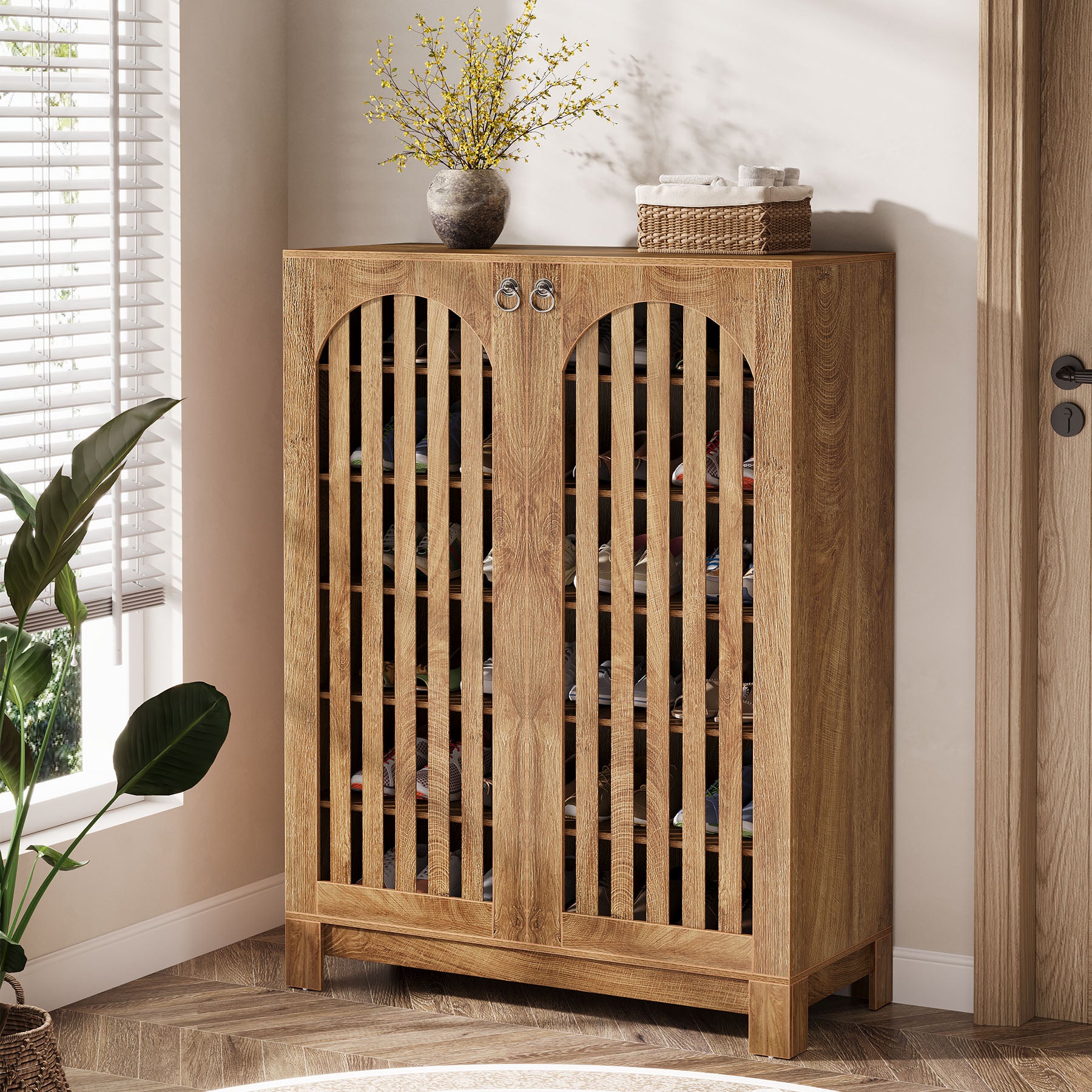 Schoenenkast met 6 Verdiepingen en Lamellendeuren, Houten Organizer voor Entree en Hal