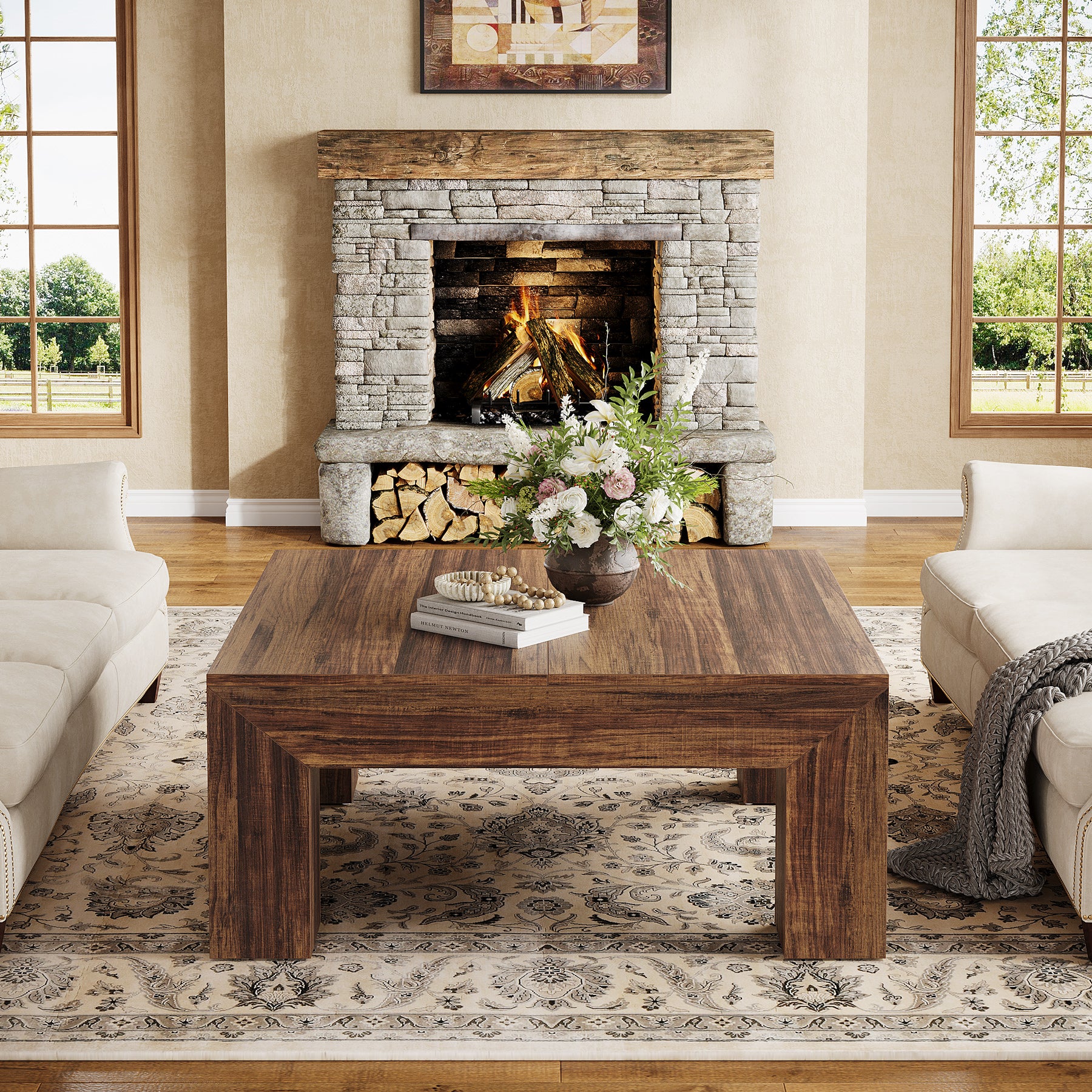 Vierkante Salontafel van 100 cm in Landelijke Stijl, Lage Stevige Centertafel voor Woonkamer in Rustiek Bruin