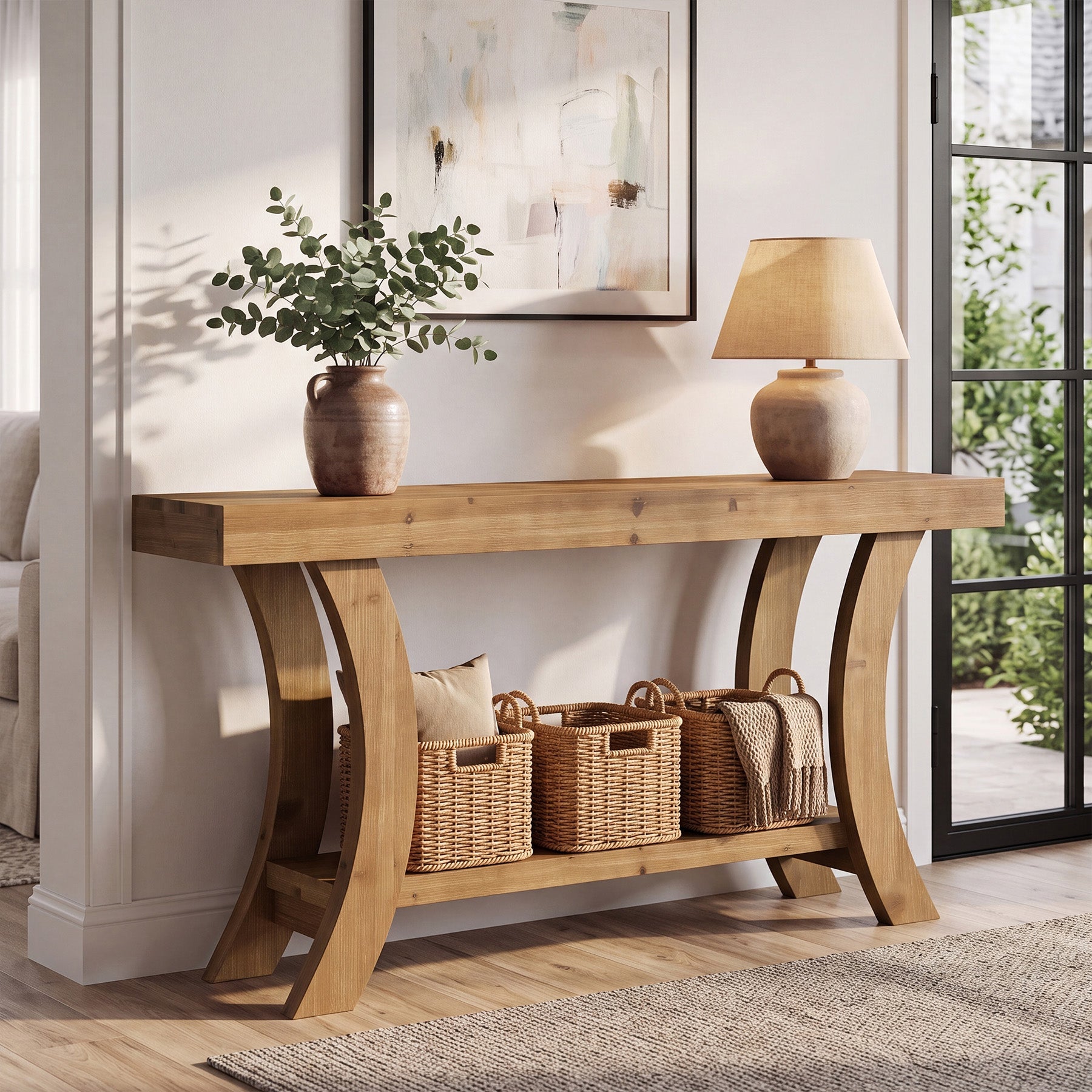 Tribesigns massief houten consoletafel 160 cm, haltafel met opbergruimte en gebogen boogvormig frame