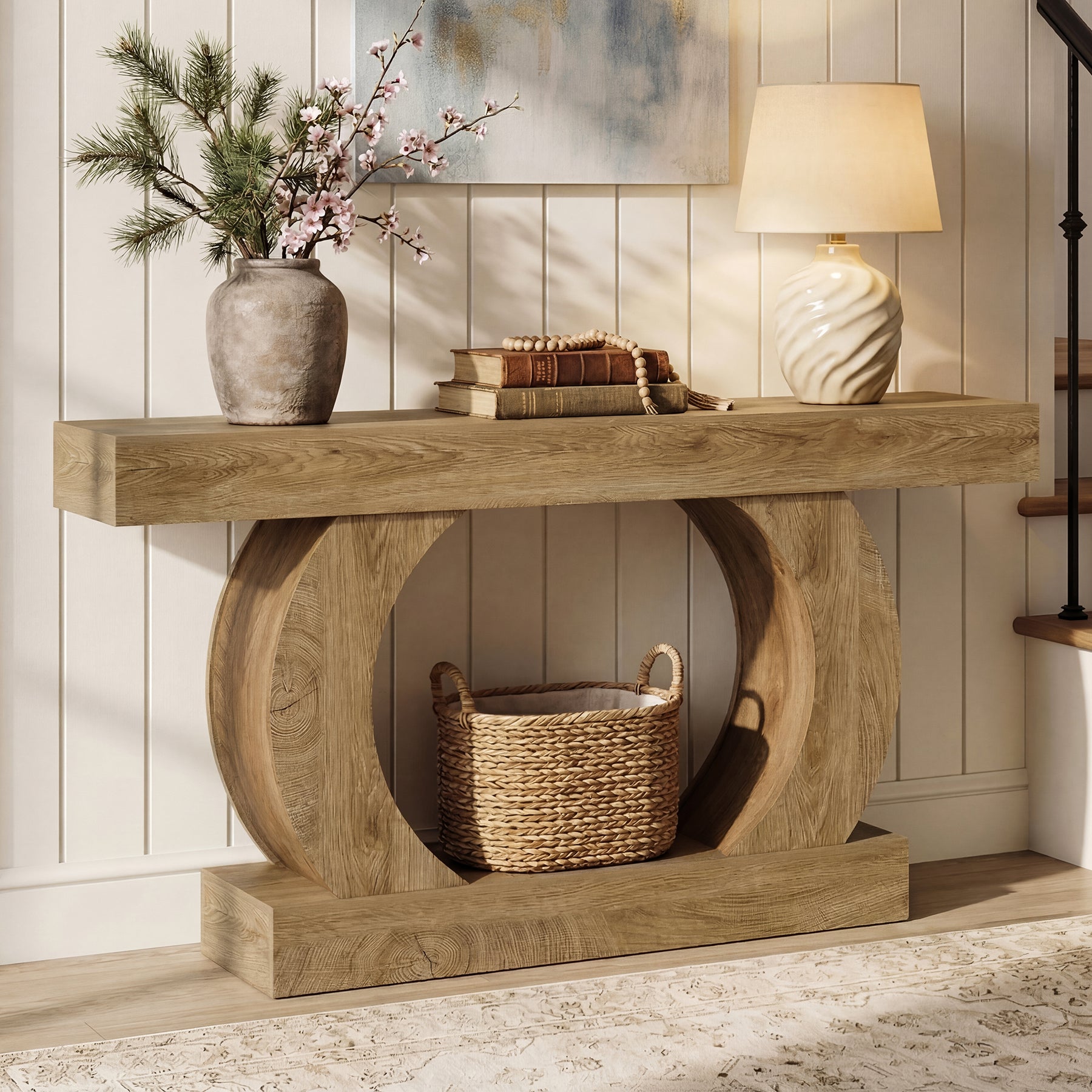150 x 30 x 85 cm Tribesigns landelijke consoletafel met ronde open voet, smalle 2-laagse haltafel voor hal en woonkamer