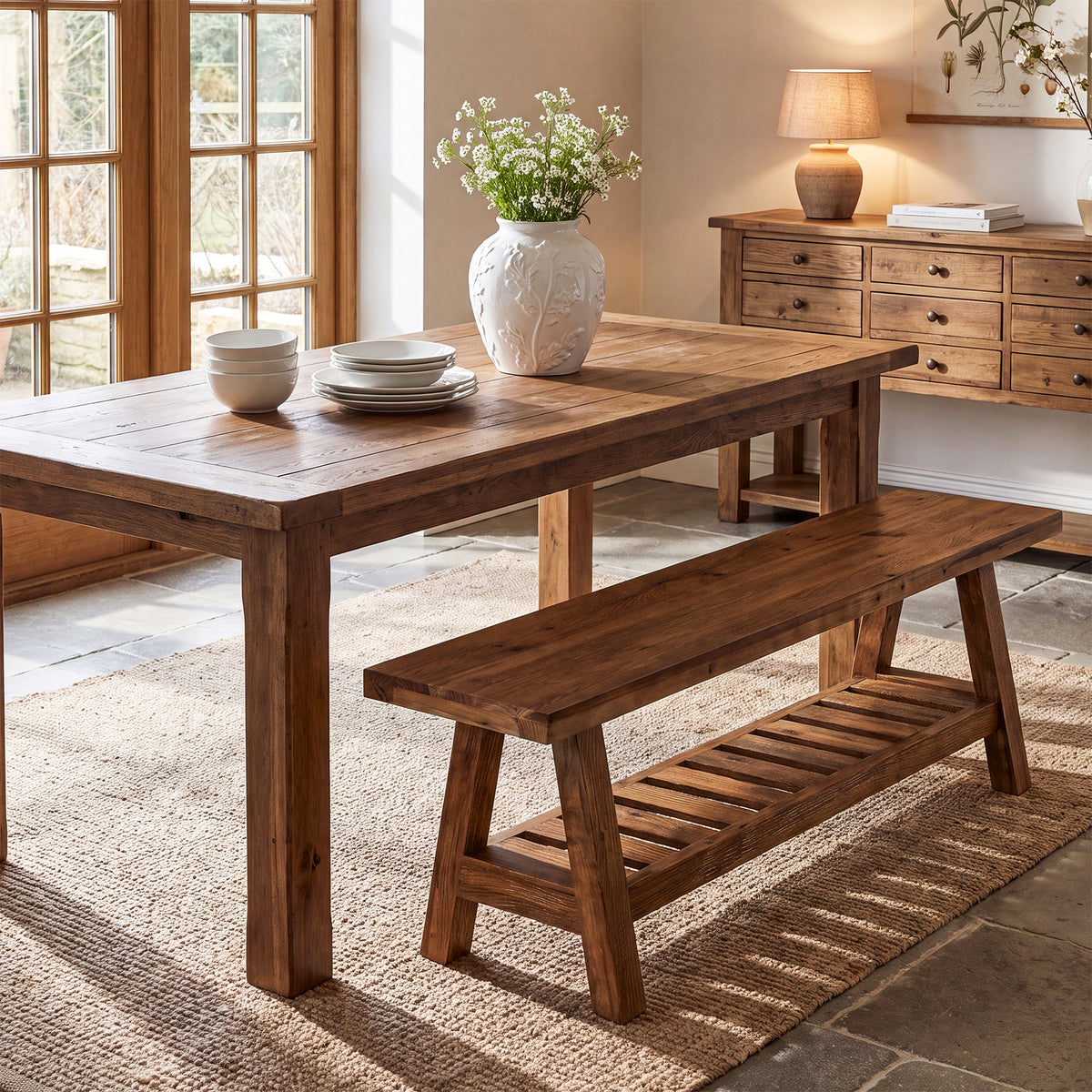 140 cm houten eetbank met open opbergrek en massief hout design, landelijke zitbank voor eetkamer en keuken