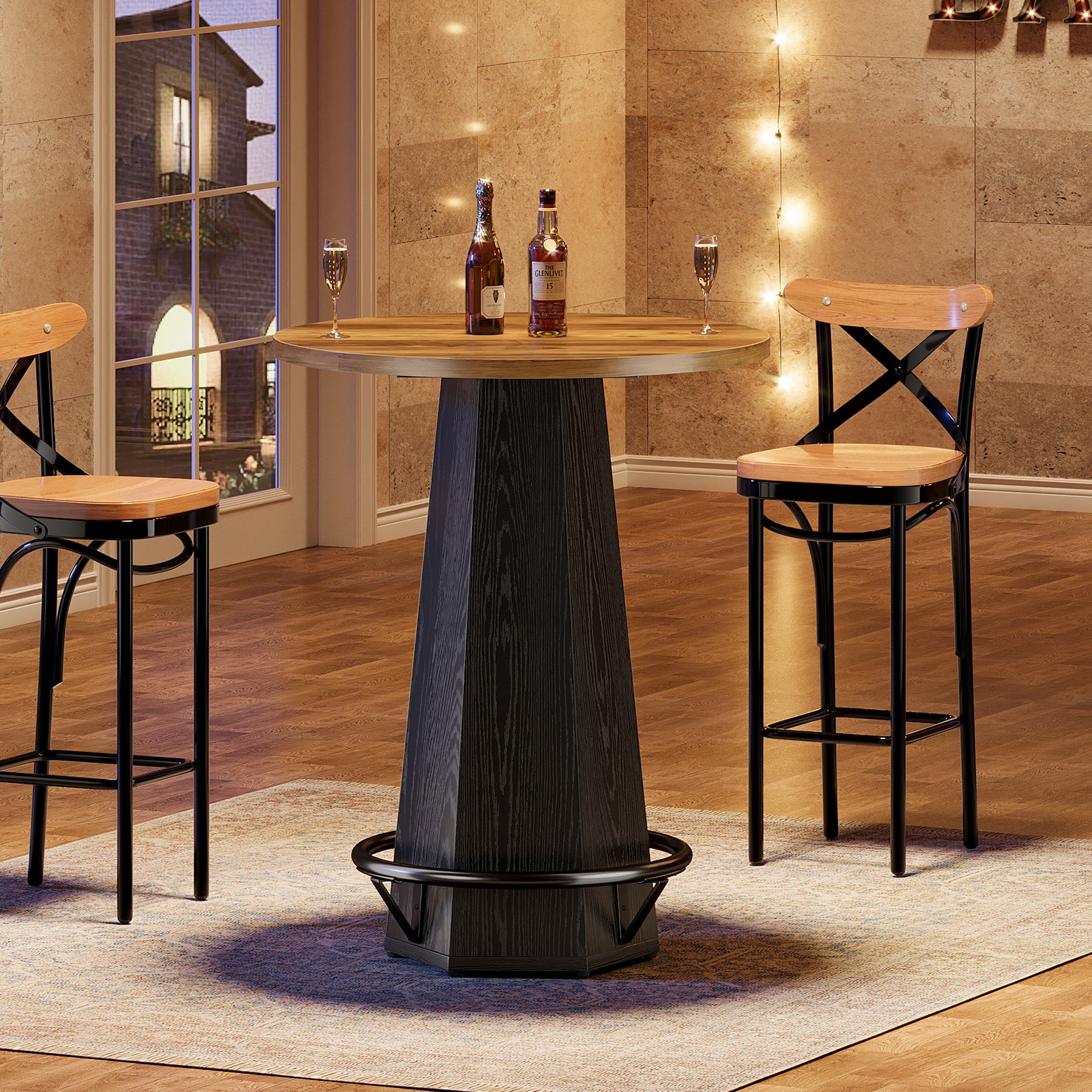 100 cm Ronde Bartafel voor 2 Personen, Industriële Eettafel met Voetenring