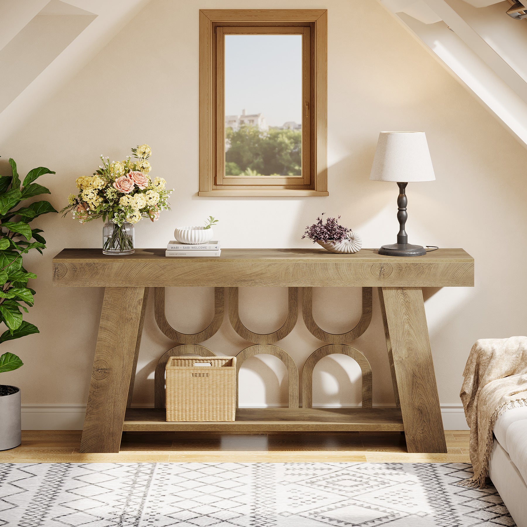 Consoletafel van 160 cm in landelijke stijl met 2-laags opbergruimte, smalle haltafel voor woonkamer en slaapkamer in lichtbruin