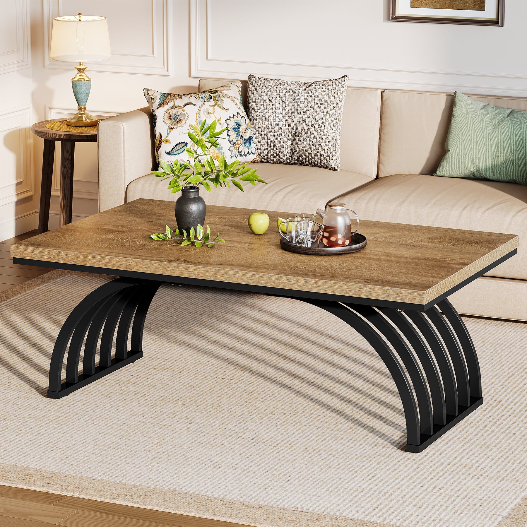 120 cm Rechthoekige Salontafel met Metalen Poten, Rustieke Houten Salontafel