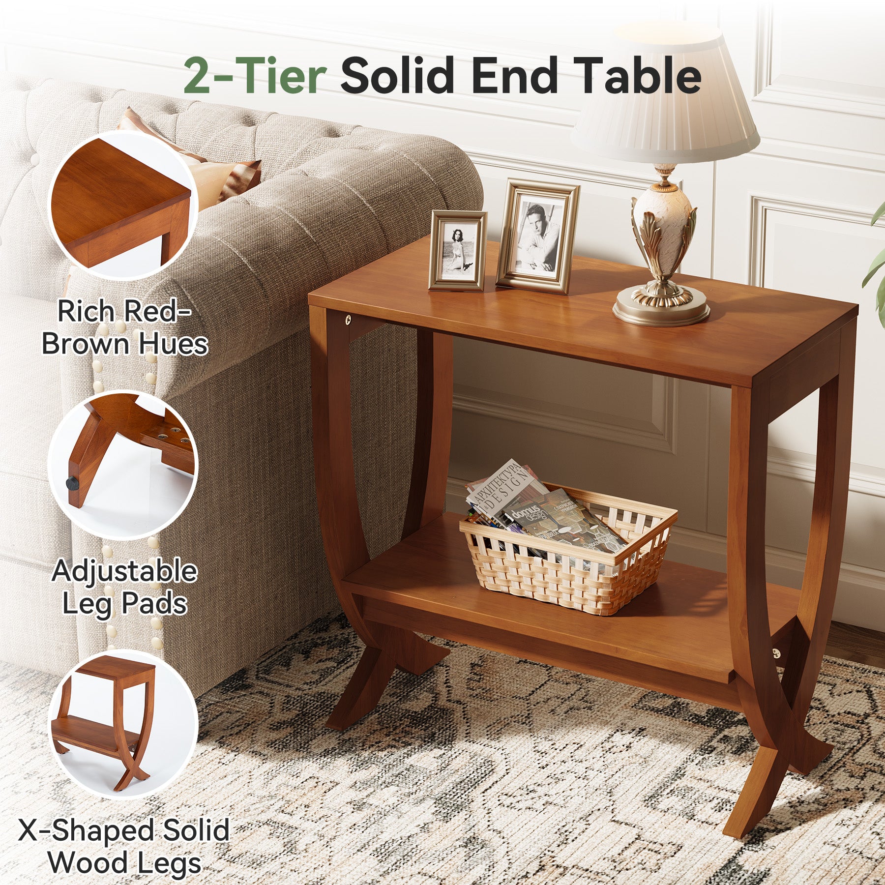 60 cm Tribesigns banktafel van massief hout met gebogen poten, smalle bijzettafel voor woonkamer