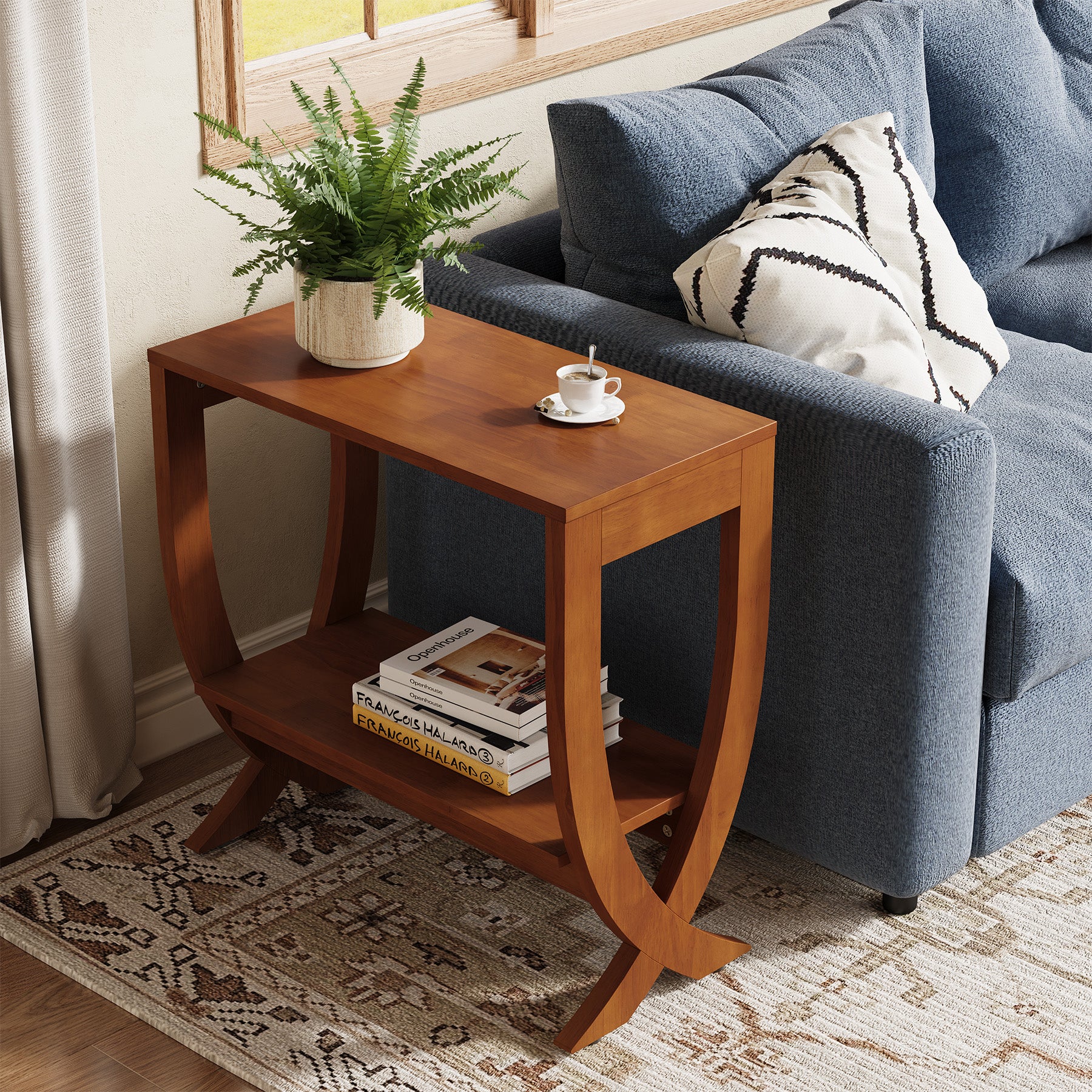 60 cm Tribesigns banktafel van massief hout met gebogen poten, smalle bijzettafel voor woonkamer