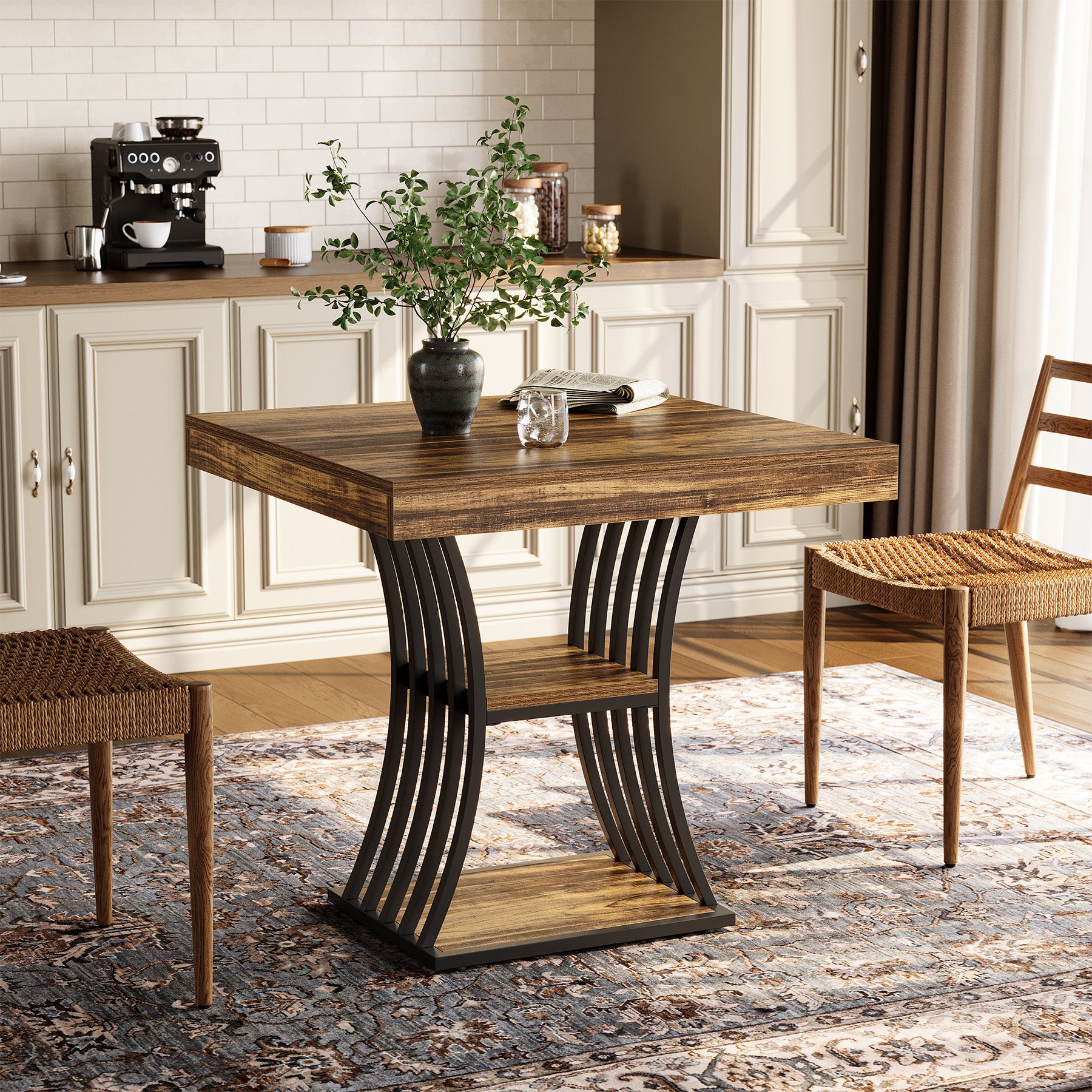 80 cm Industriële Eettafel voor 4 Personen met 2 Planken, Vierkante Keukentafel Bruin
