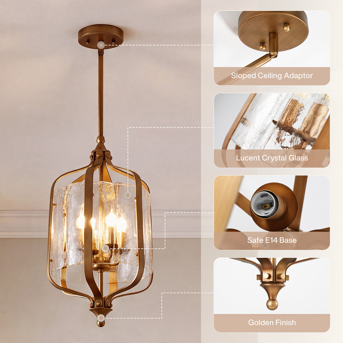 Tribesigns glazen hanglamp met verstelbare hoogte en gouden retro design, plafondlamp voor eettafel en keuken [Energy Class E]