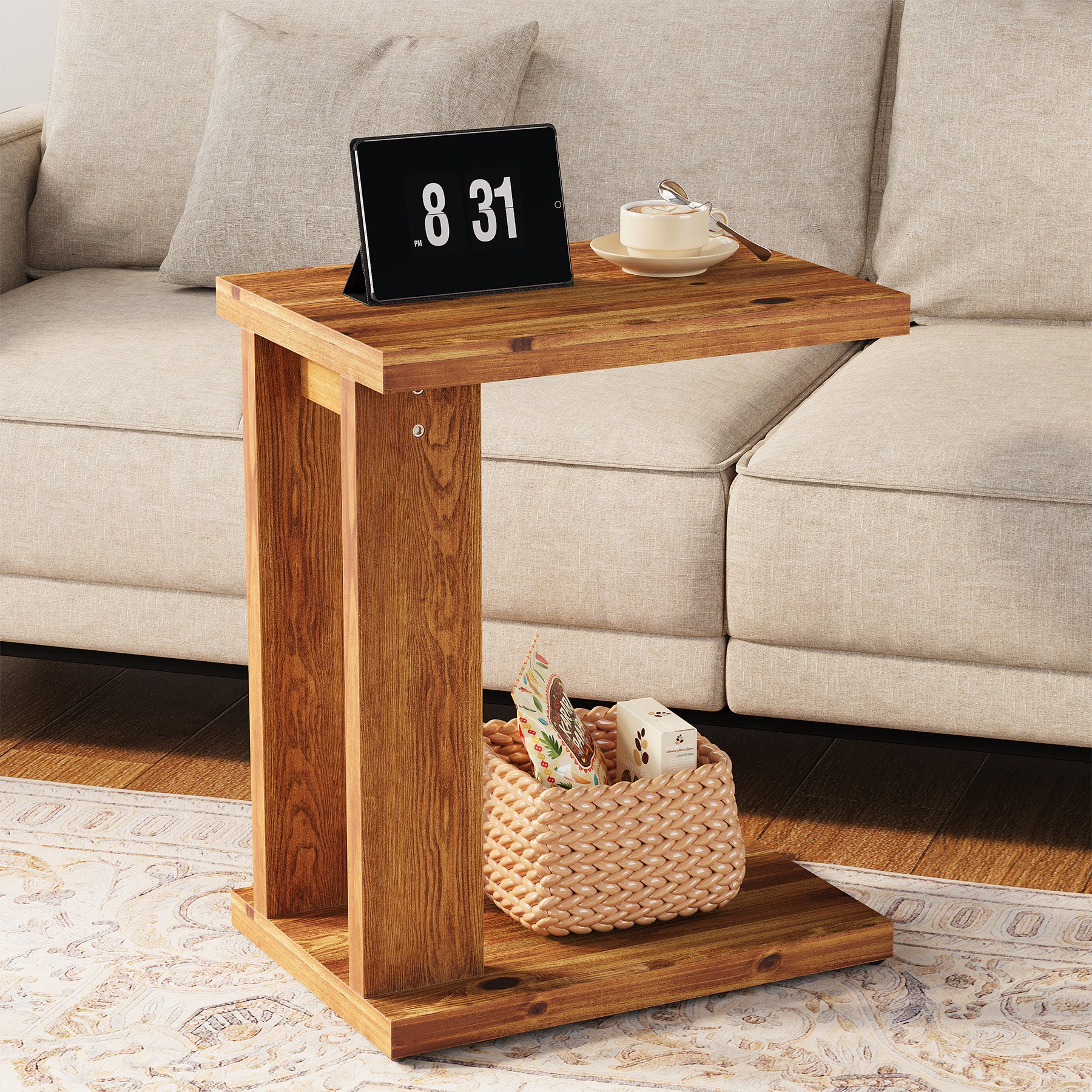 50 x 35 x 60 cm Tribesigns massief houten C-vormige bijzettafel met 2 lagen, houten banktafel voor woonkamer slaapkamer en kleine ruimtes