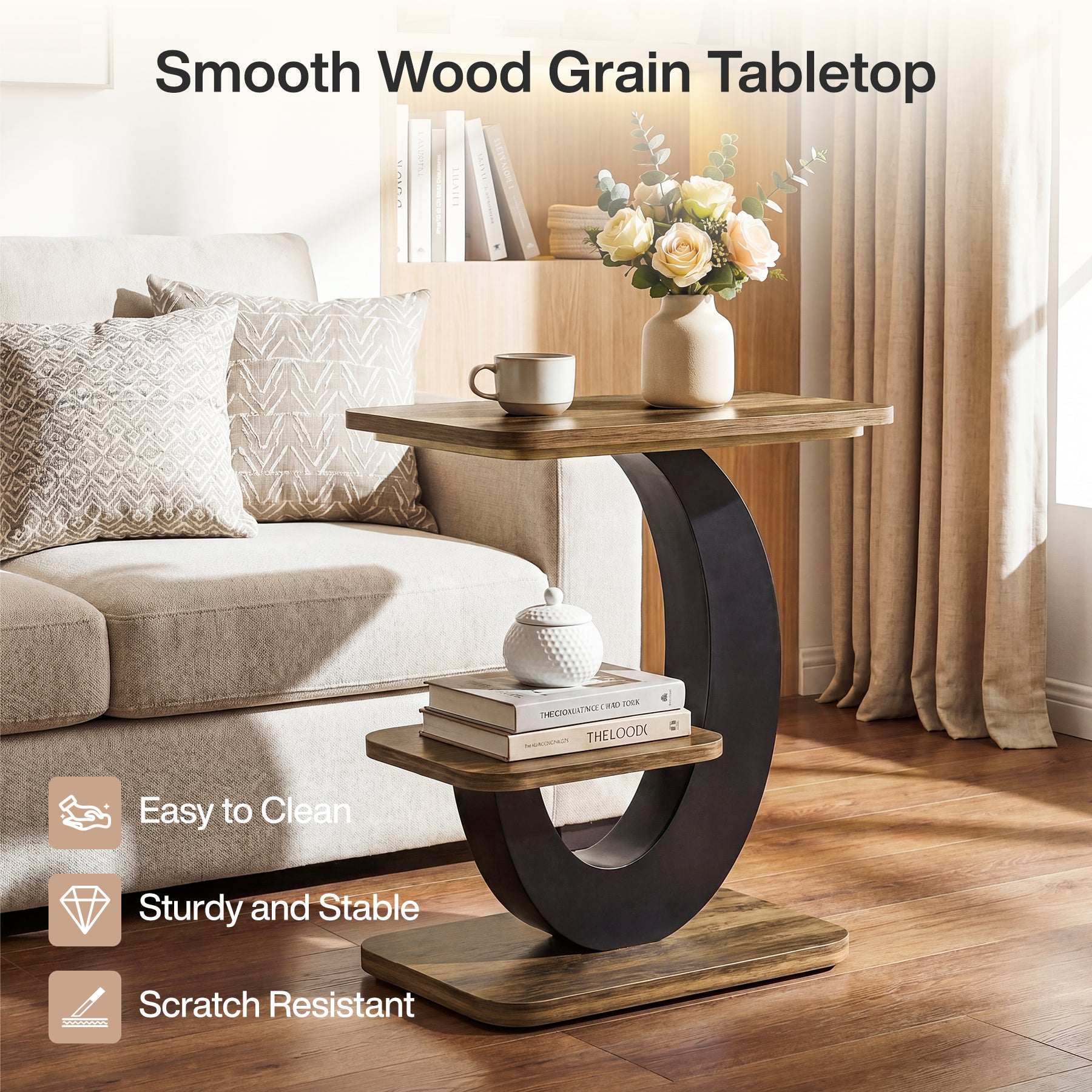 60 cm Smalle Bijzettafel met 2 Niveaus, Industriële Houten Sidetable voor Woonkamer en Slaapkamer