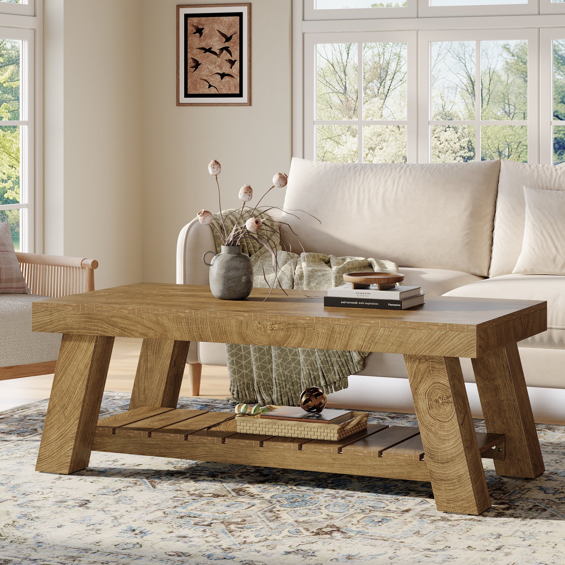 120 cm Rechthoekige Salontafel Boerderij Stijl, Met 2 Opbergplanken voor Woonkamer en Appartement